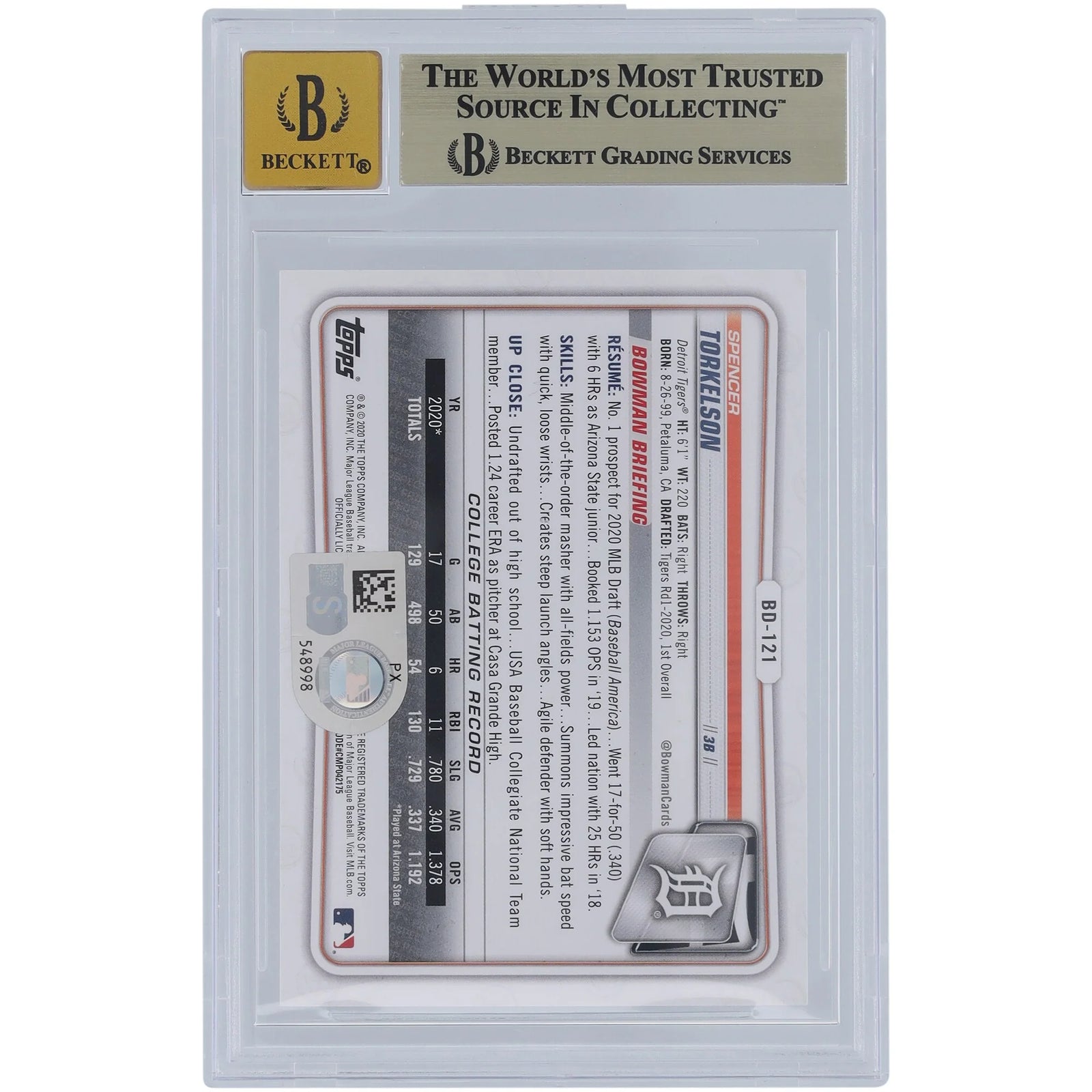 Spencer Torkelson Signed 2020 Bowman Draft #BD-121 | Graded 9.5