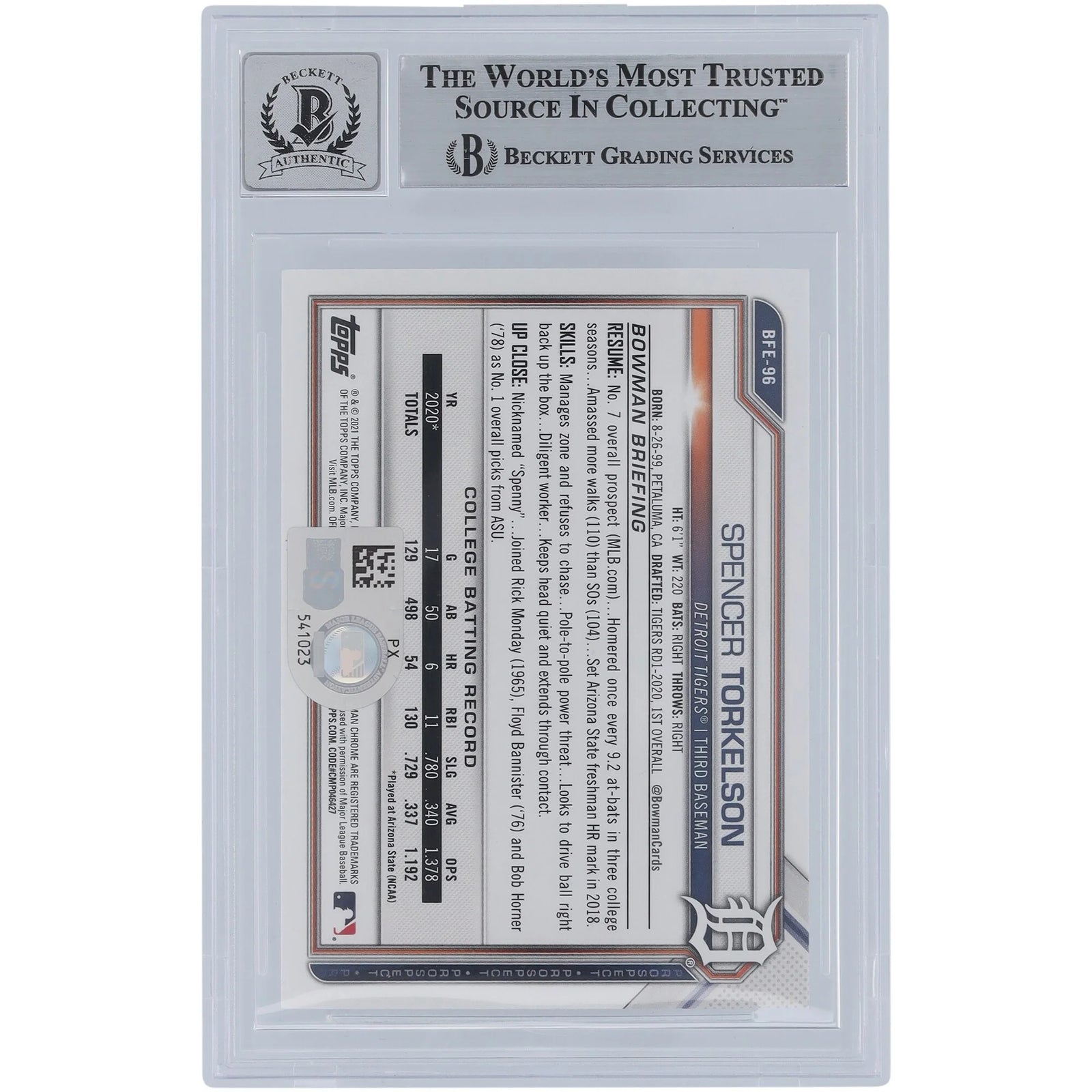 Spencer Torkelson Signed 2021 Bowman 1st Edition Sky Blue Foil #BFE-96 | Graded 10