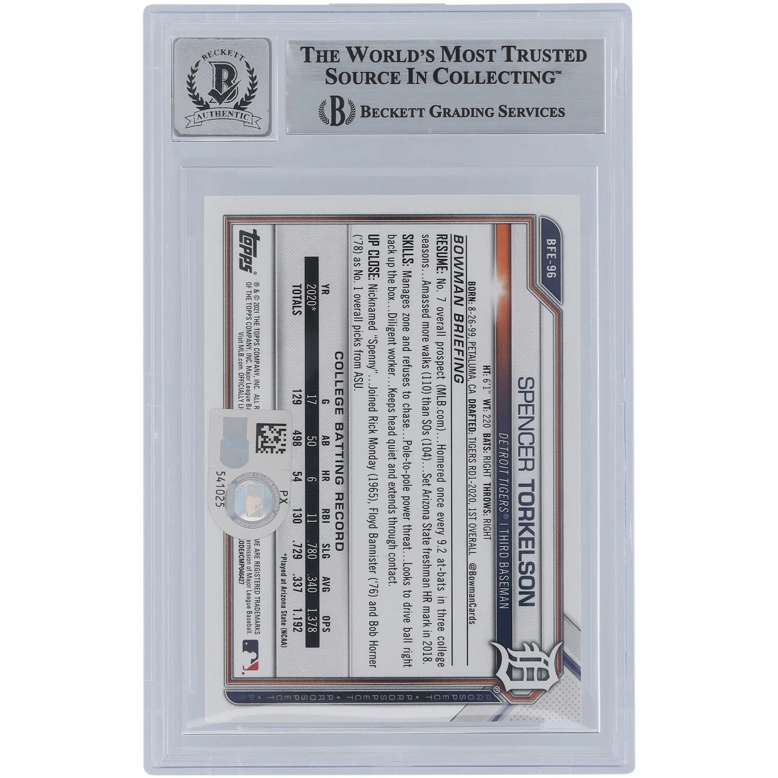 Spencer Torkelson Signed 2021 Bowman 1st Edition Sky Blue Foil Card | Graded 9