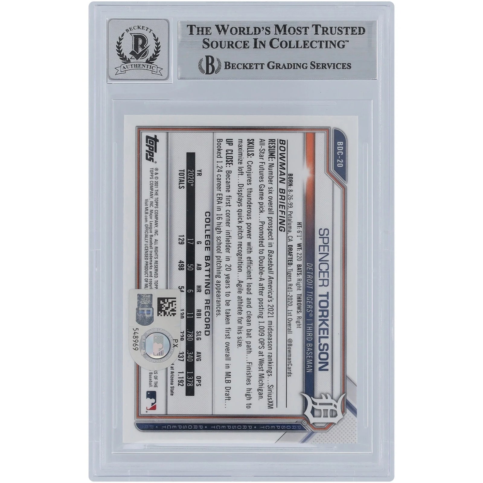 Spencer Torkelson Signed 2021 Bowman Chrome Draft Sapphire #BDC-20 | Graded 9