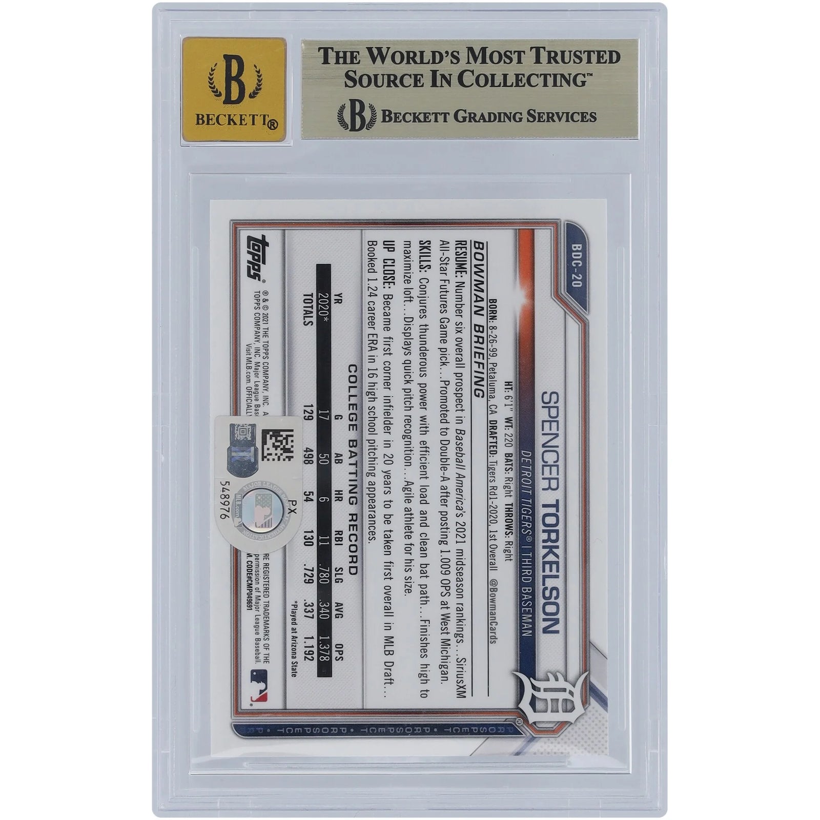 Spencer Torkelson Signed 2021 Bowman Chrome Draft Sapphire #BDC-20 | BGS 9.5