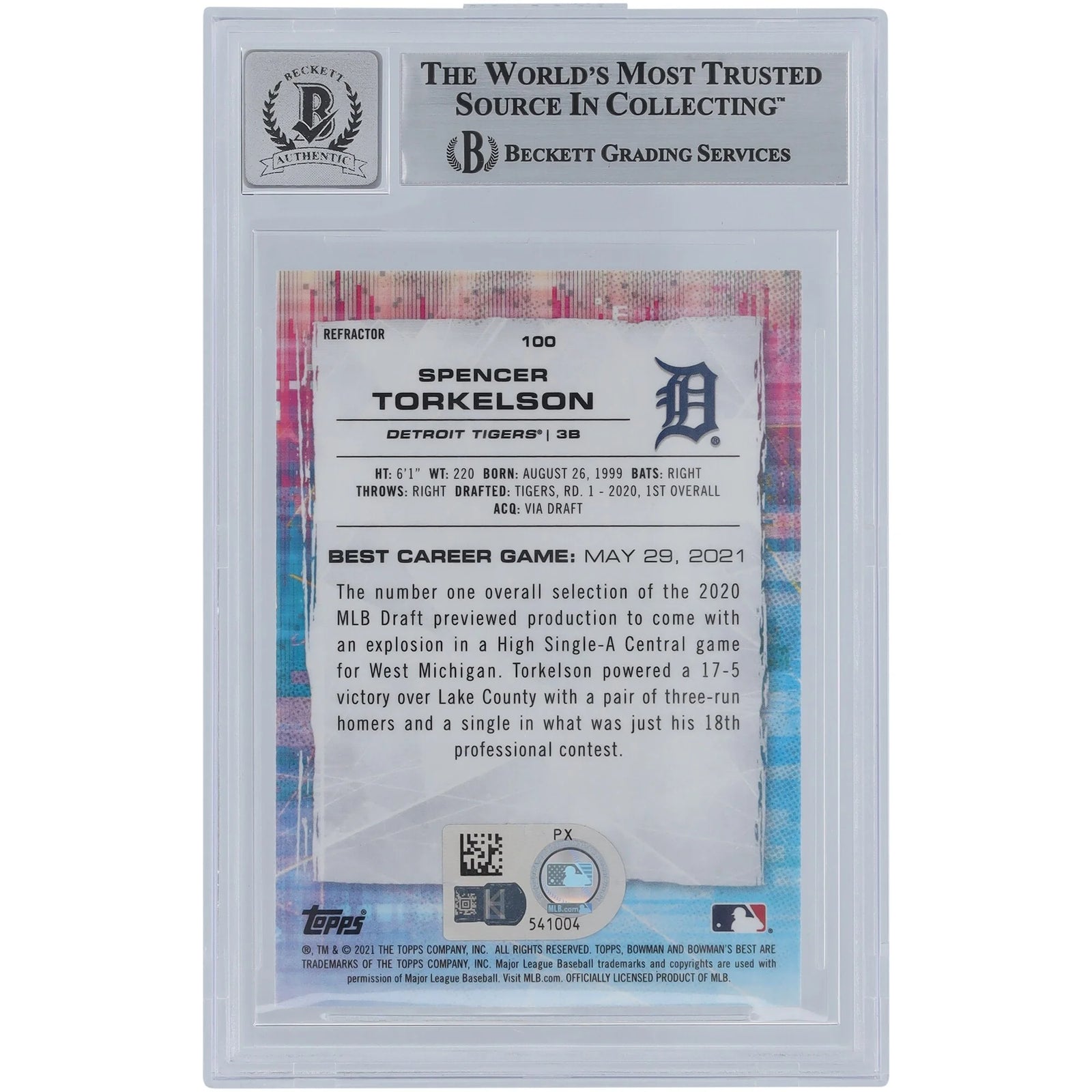 Spencer Torkelson Signed 2021 Bowman's Best Refractors #100 | Beckett 9