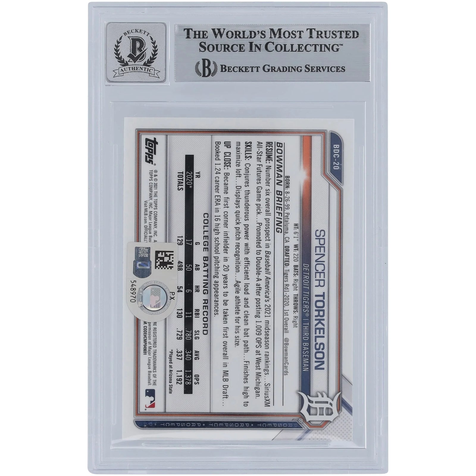 Spencer Torkelson Signed 2021 Bowman Chrome Draft Sapphire #BDC-20 | Graded 10