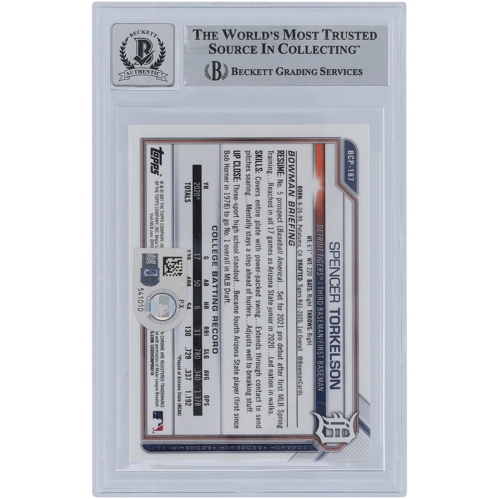 Spencer Torkelson Signed 2021 Bowman Chrome Sapphire #BCP-187 | Graded 9