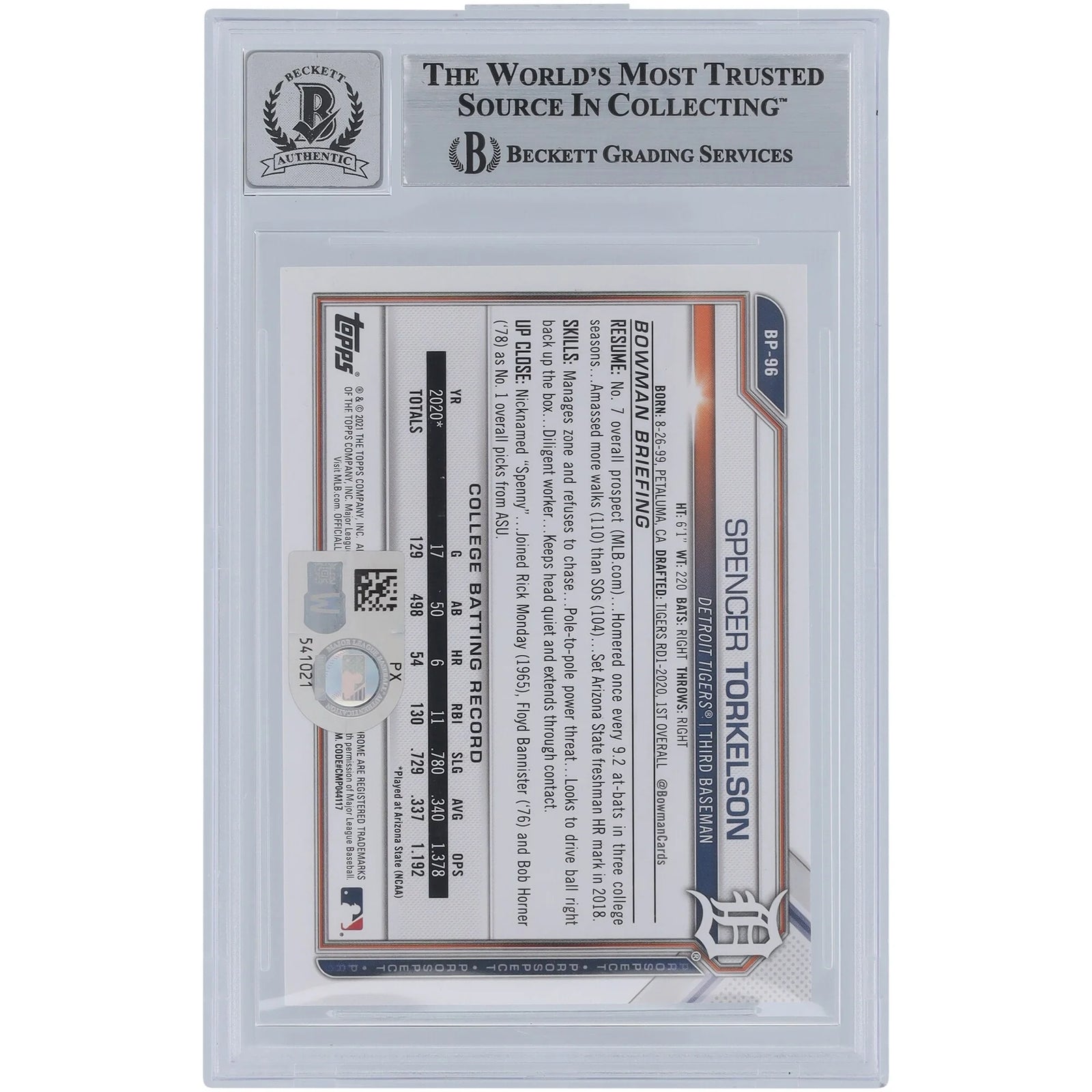 Spencer Torkelson Signed 2021 Bowman Prospects Green Card | #BP-96 /99
