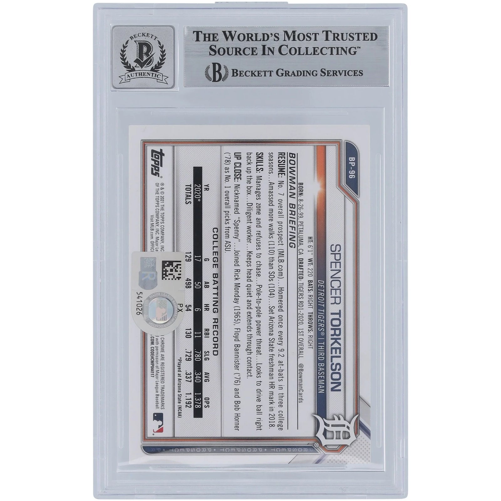 Spencer Torkelson Signed 2021 Bowman Prospects Purple #BP-96 | Graded 10