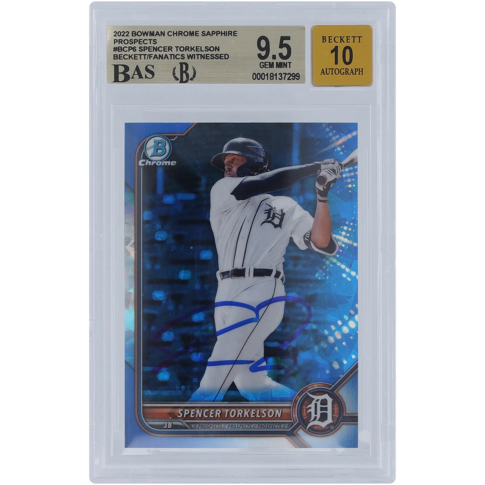 Spencer Torkelson Signed 2022 Bowman Chrome Sapphire #BCP-6 | Graded 9.5