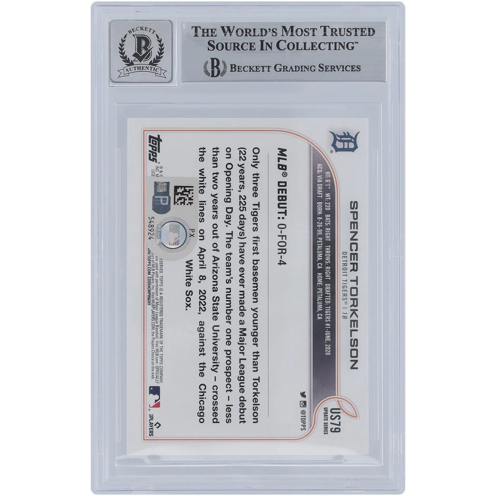 Spencer Torkelson Signed 2022 Topps Update #US79 Rookie Card | Graded 10