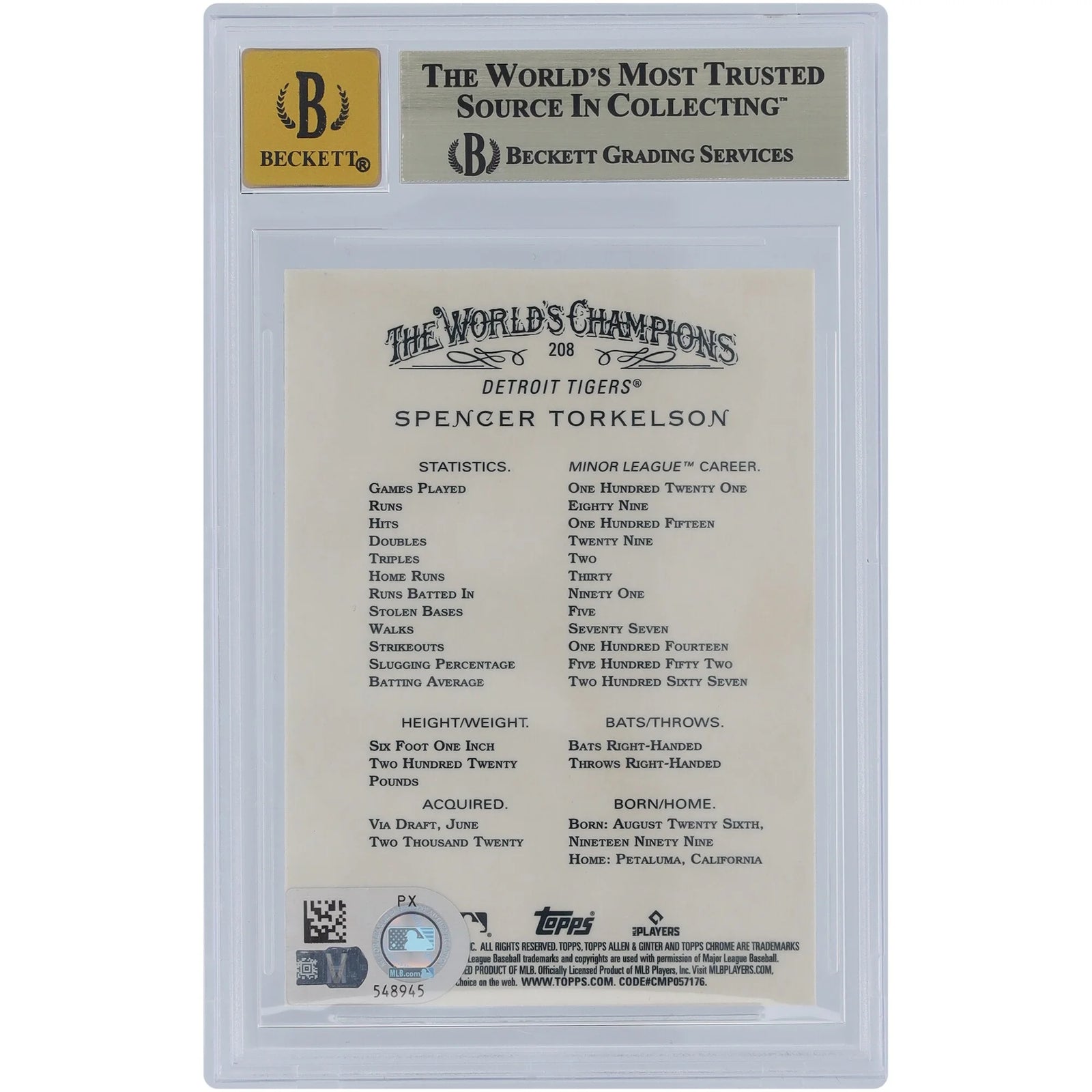 Spencer Torkelson Signed 2022 Topps Allen & Ginter Chrome #208 | Graded 9.5 Rookie Card