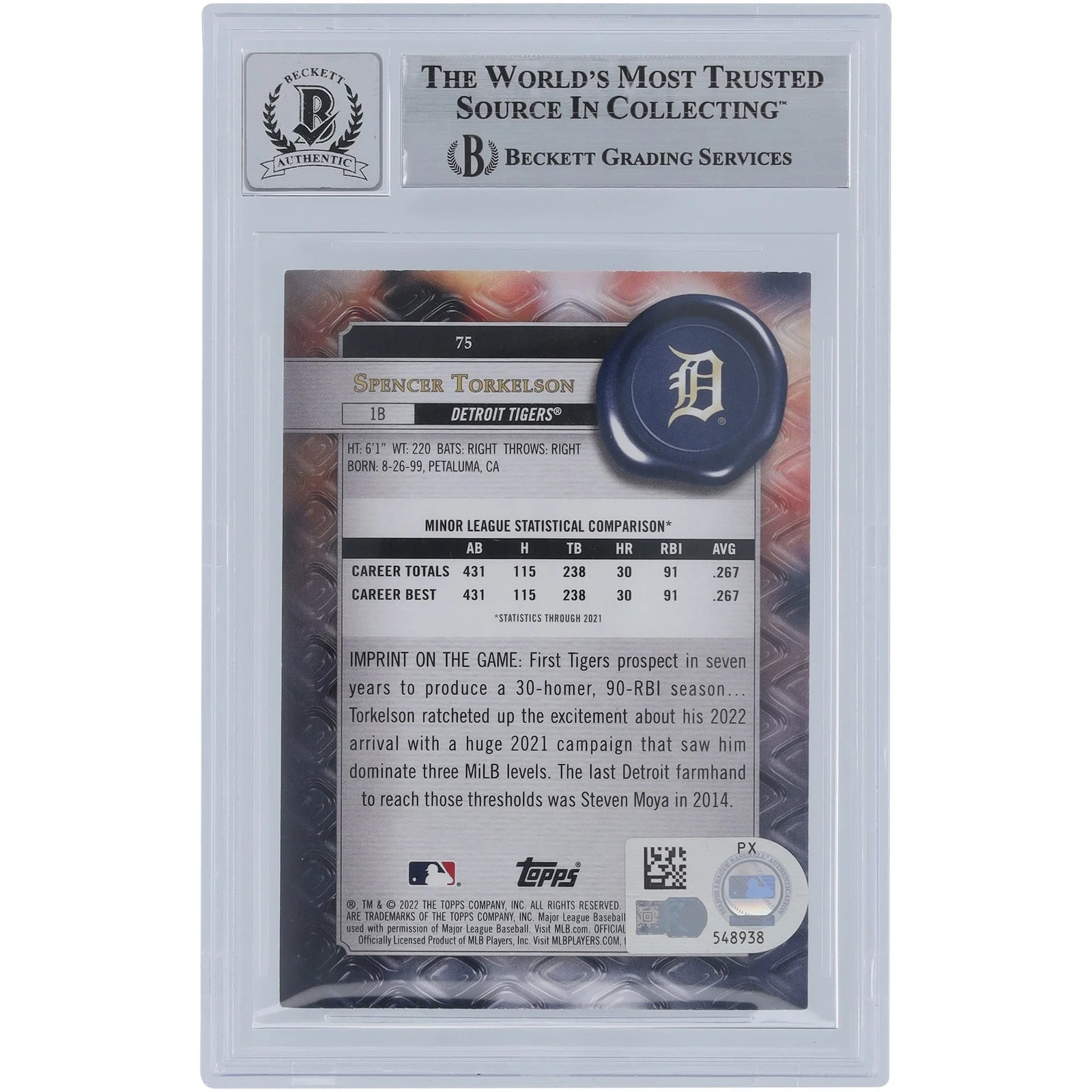 Spencer Torkelson Signed 2022 Topps Gold Label Class 2 #75 Rookie Card | Beckett 10