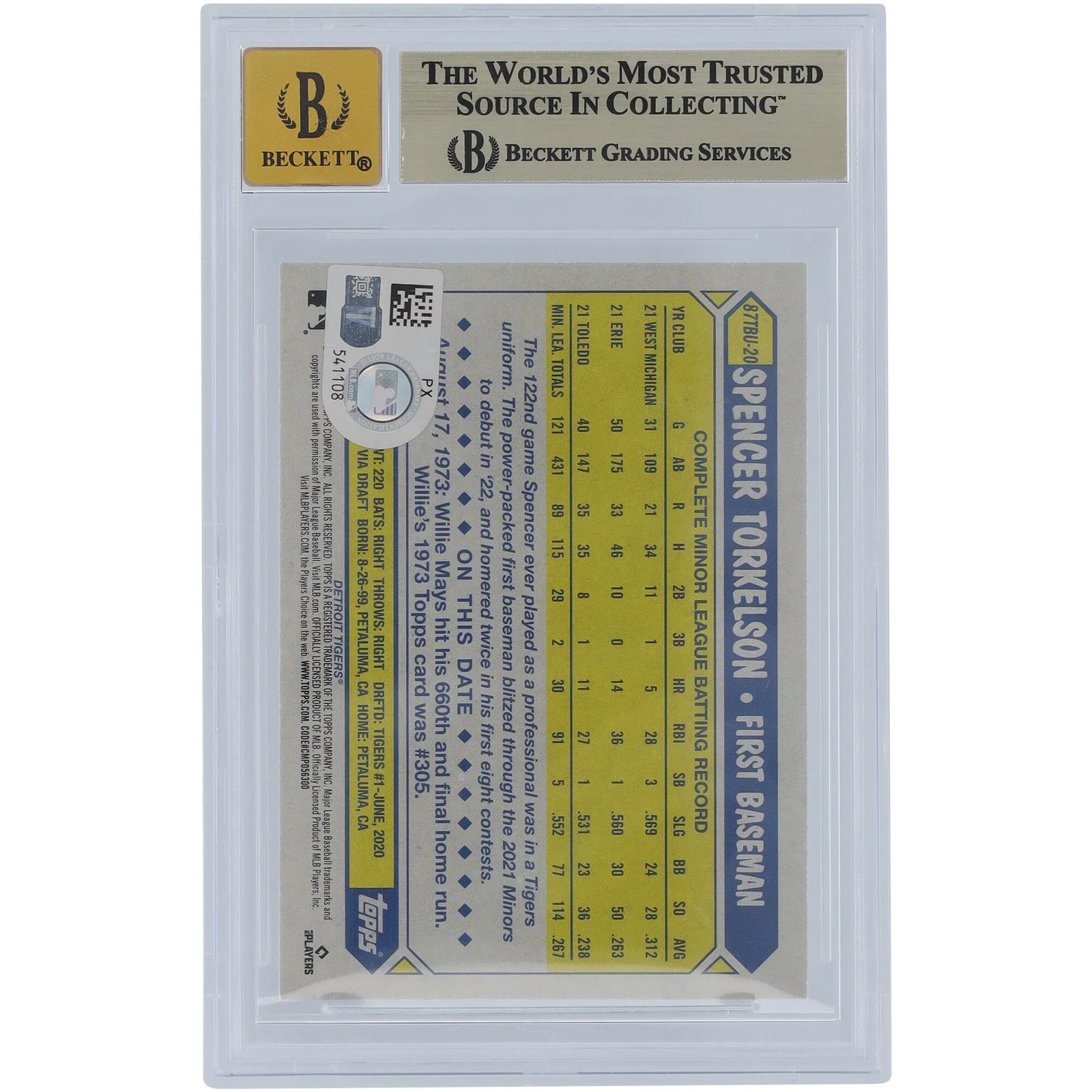 Spencer Torkelson Signed 2022 Topps Update '87 Rookie Card | Beckett 9.5