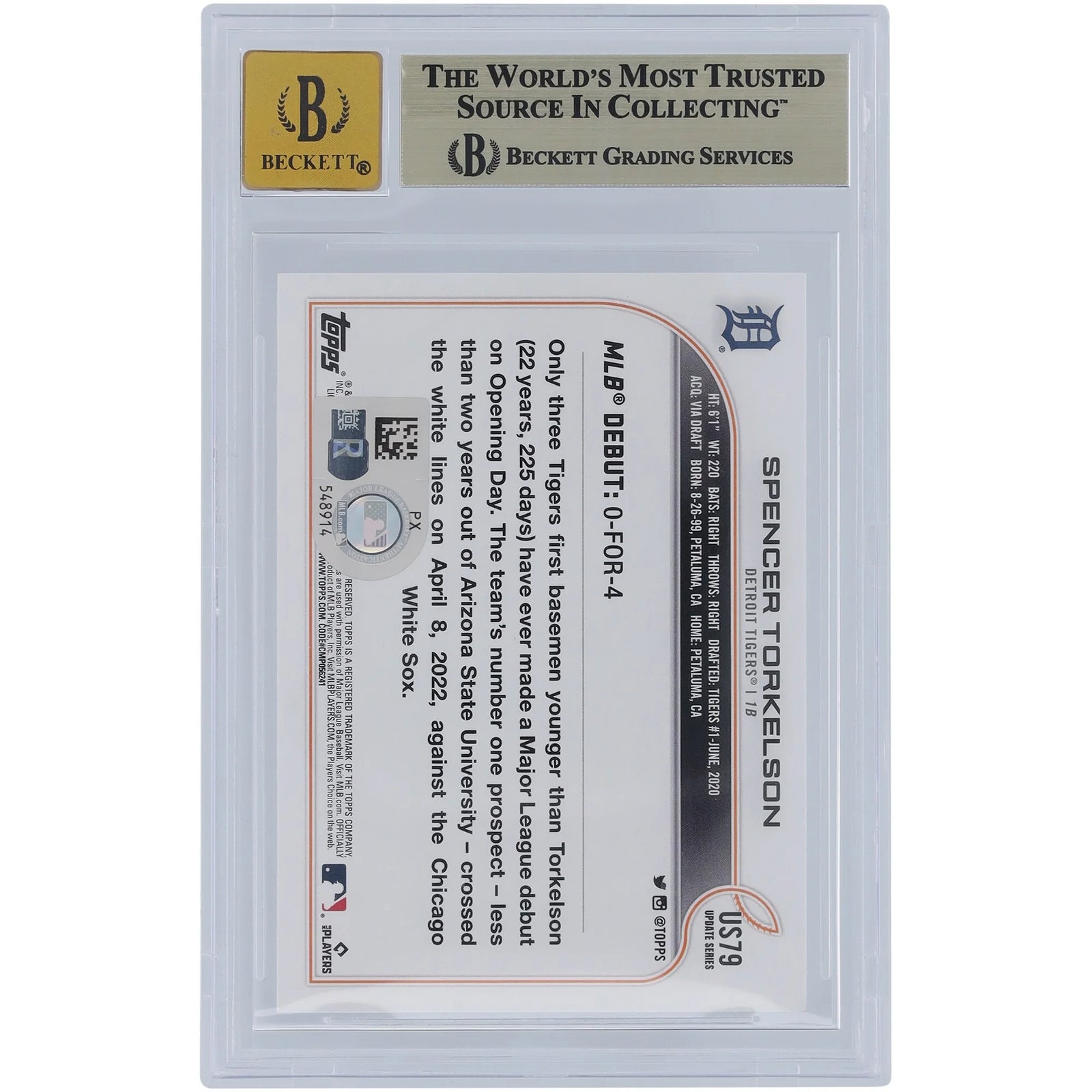 Spencer Torkelson Signed 2022 Topps Update #US79 Rookie Card | Graded 9.5