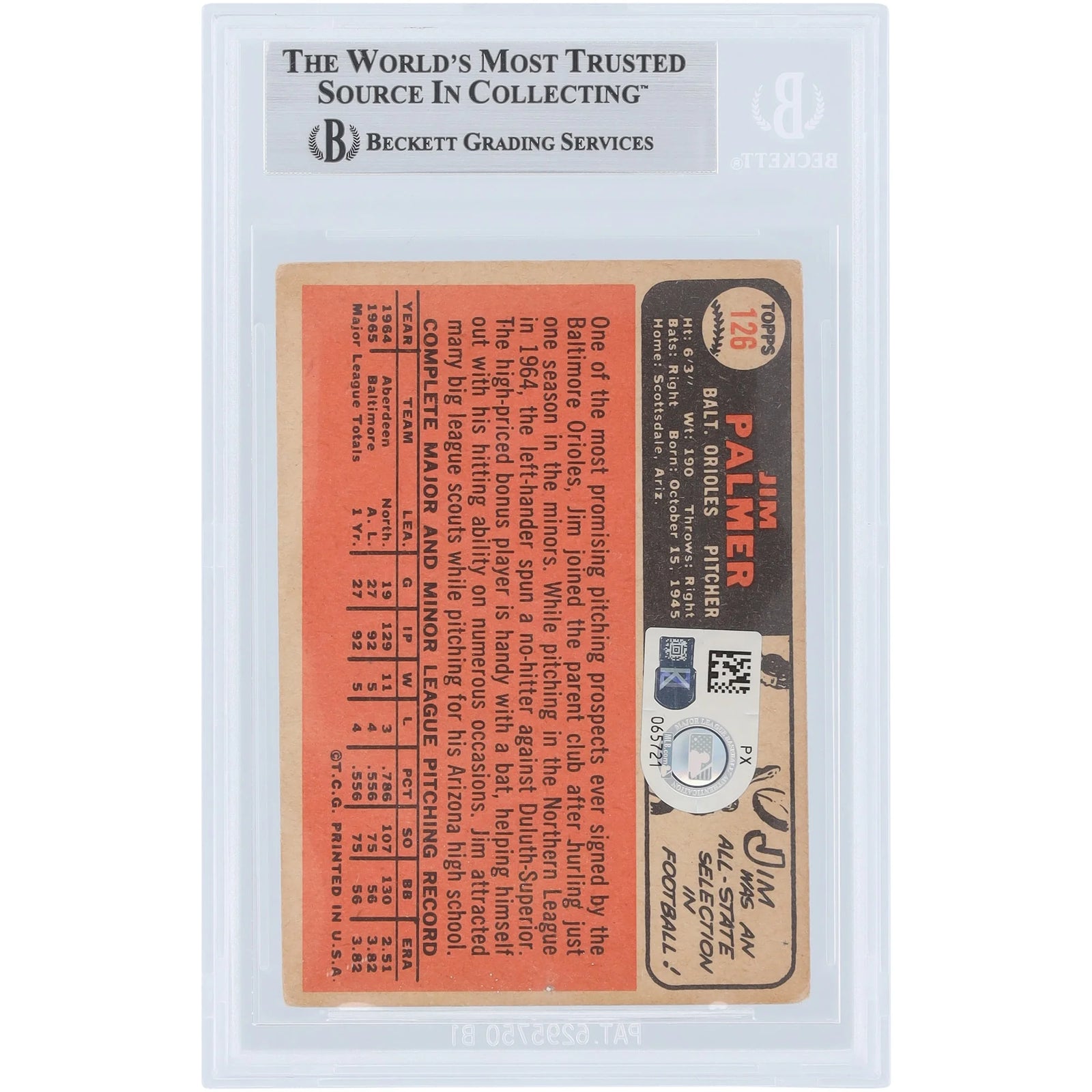 Jim Palmer Baltimore Orioles Autographed 1966 Topps #126 Beckett Fanatics Witnessed Authenticated Rookie Card with "HOF 90" Inscription - F2