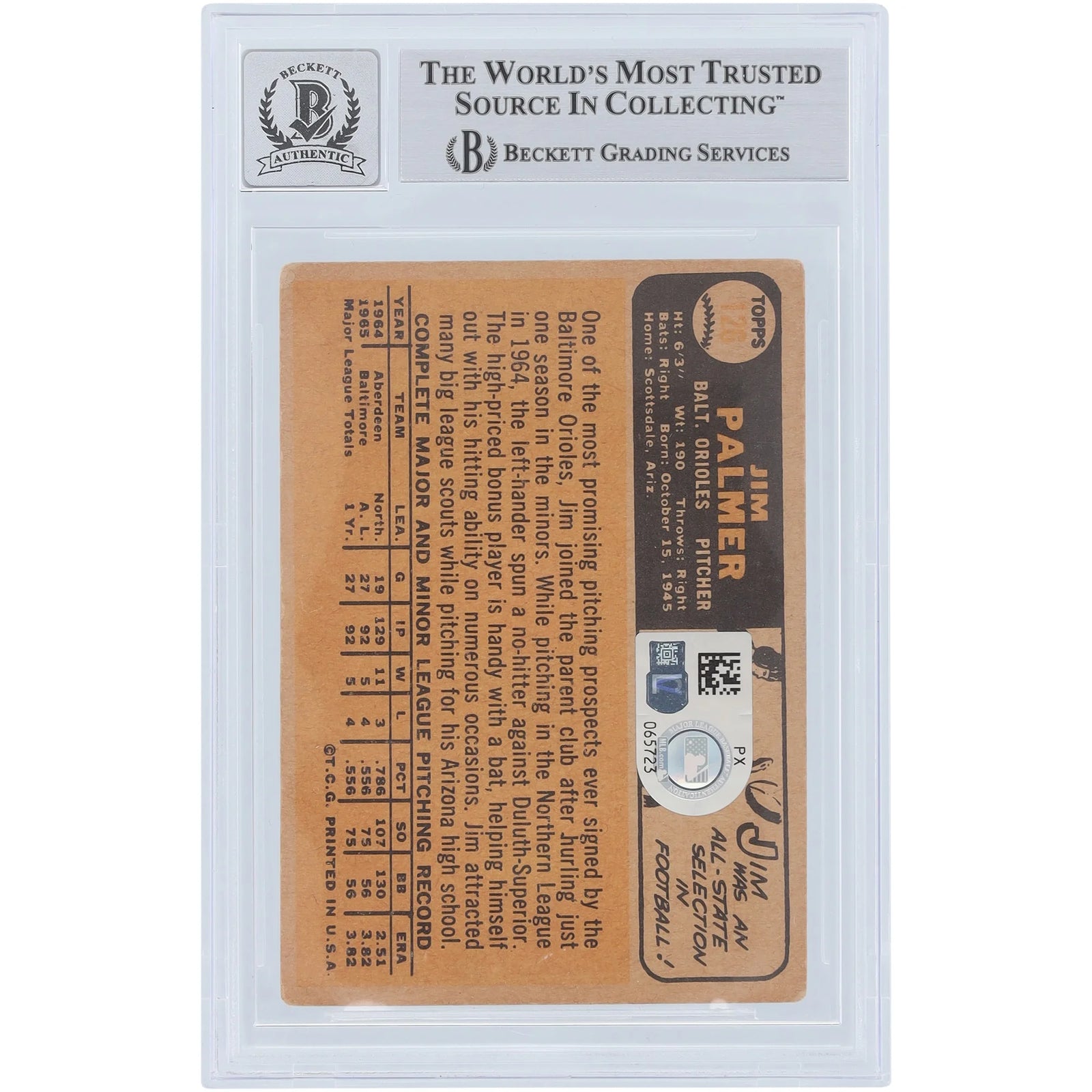 Jim Palmer Signed 1966 Topps #126 Rookie Card | Beckett Graded 10