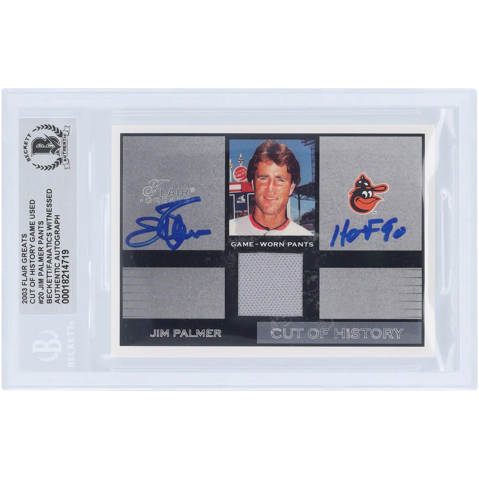 Jim Palmer Signed 2003 Flair Greats Cut of History Card | HOF 90 Inscription