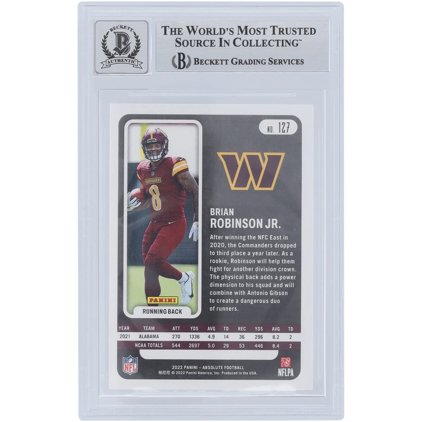 Brian Robinson Jr Signed 2022 Panini Absolute #127 Rookie Card | Graded 9