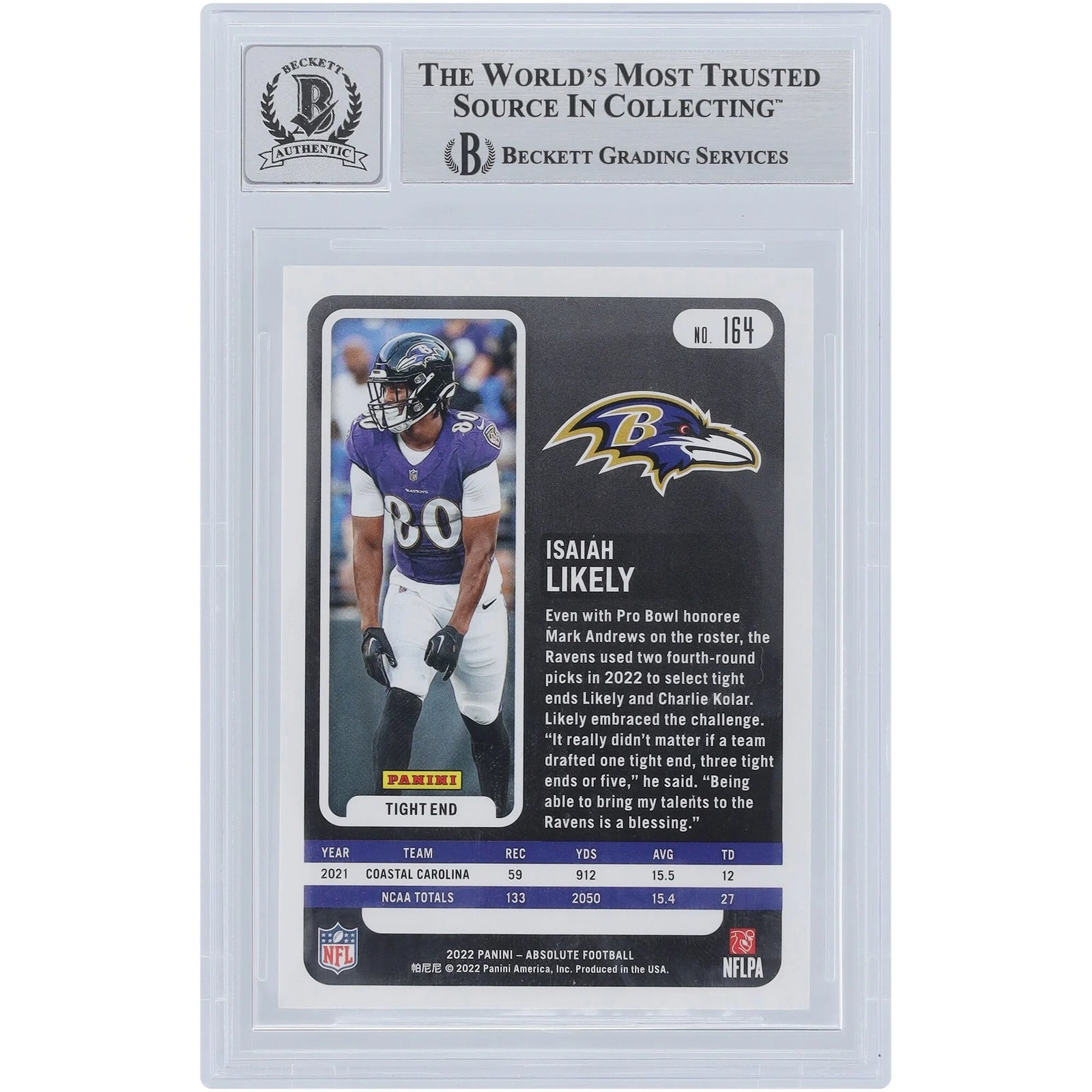 Isaiah Likely Signed 2022 Panini Absolute #164 Rookie Card | Graded 10