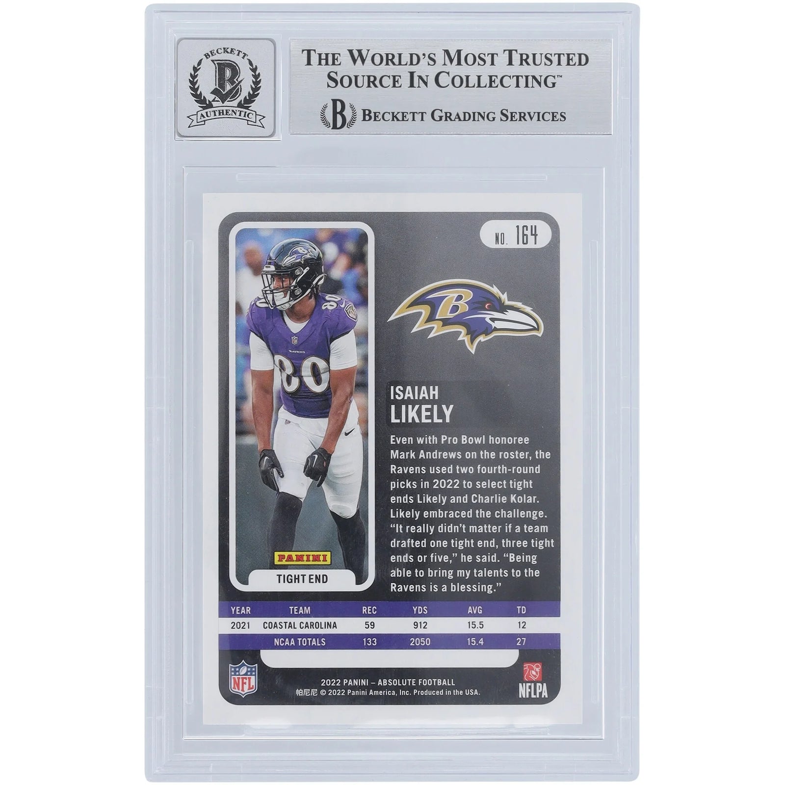 Isaiah Likely Signed 2022 Panini Absolute #164 Rookie Card | Graded 9