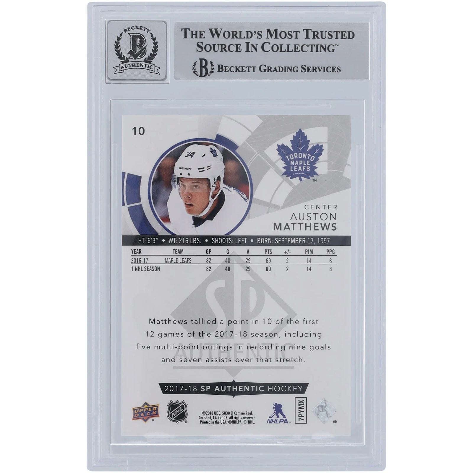 Auston Matthews Signed 2017-18 Upper Deck SP Authentic #10 Card | Beckett 9