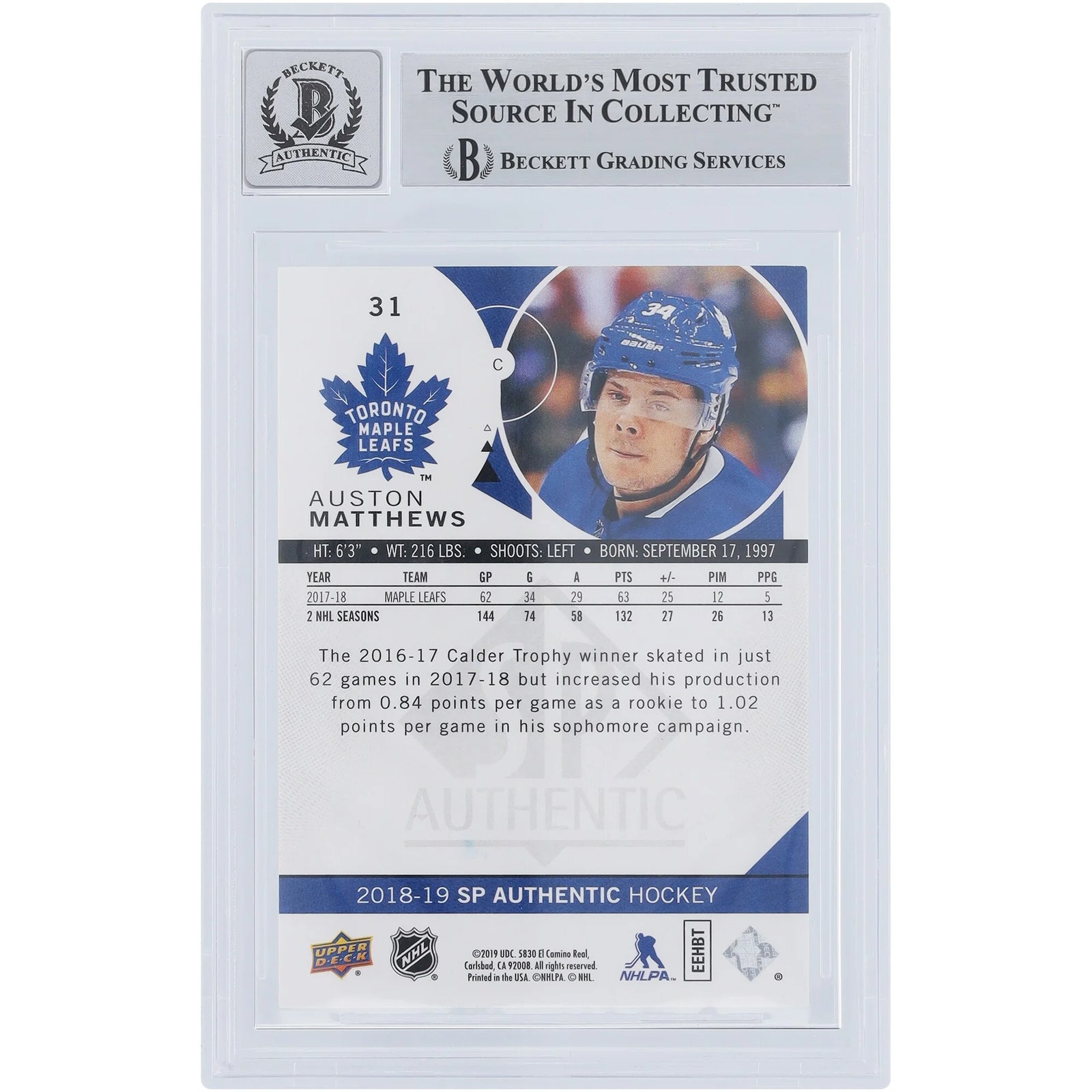 Auston Matthews Signed 2018-19 Upper Deck SP Authentic #31 | Graded 9/10