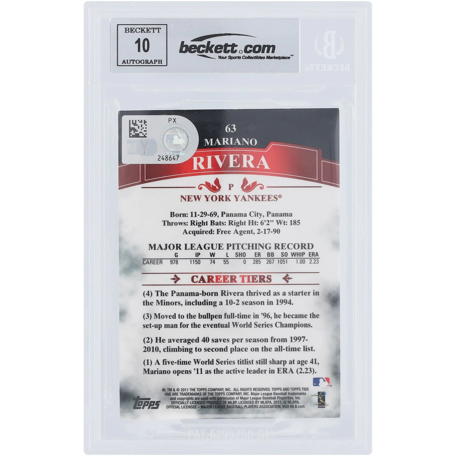 Mariano Rivera Signed 2011 Topps Tier One #63 Card | Graded 10