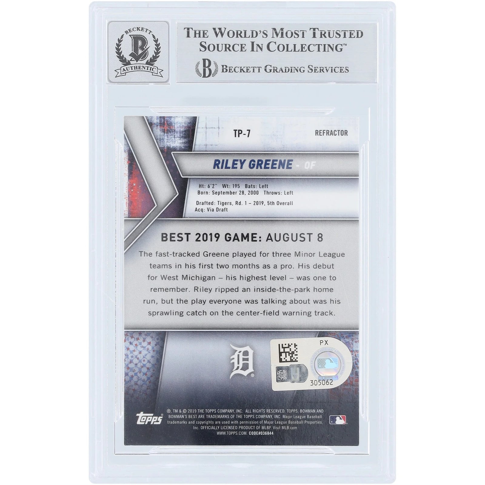 Riley Greene Signed 2019 Topps Bowman's Best Top Prospects Refractor #TP-7 | Graded 10