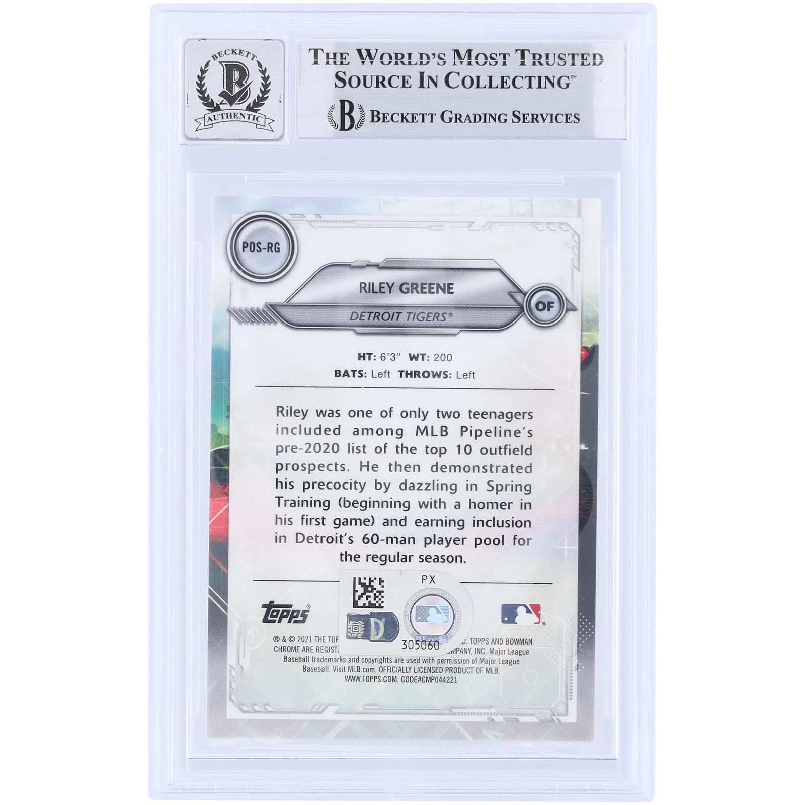 Riley Greene Signed 2021 Topps Bowman Chrome Positional Promise Card | Graded 9