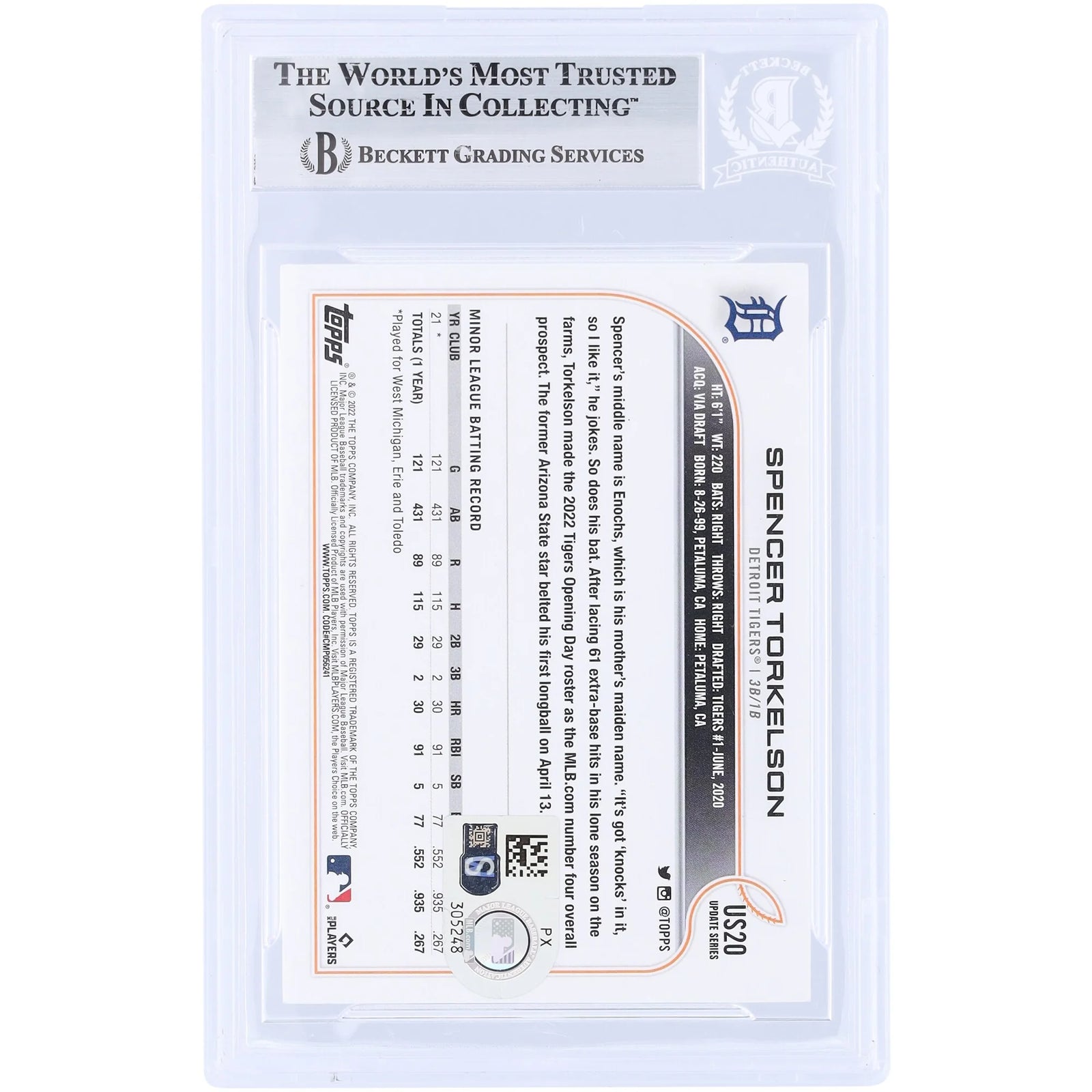 Spencer Torkelson Signed 2022 Topps Update Series #US20 Rookie Card | Authenticated