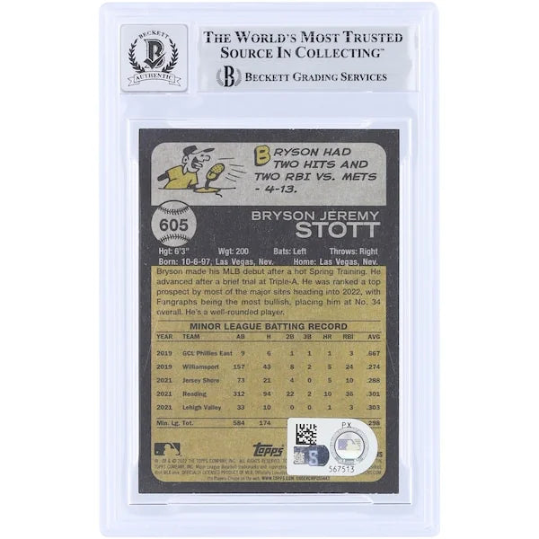 Bryson Stott Signed 2022 Topps Heritage #605 Rookie Card | Graded 10