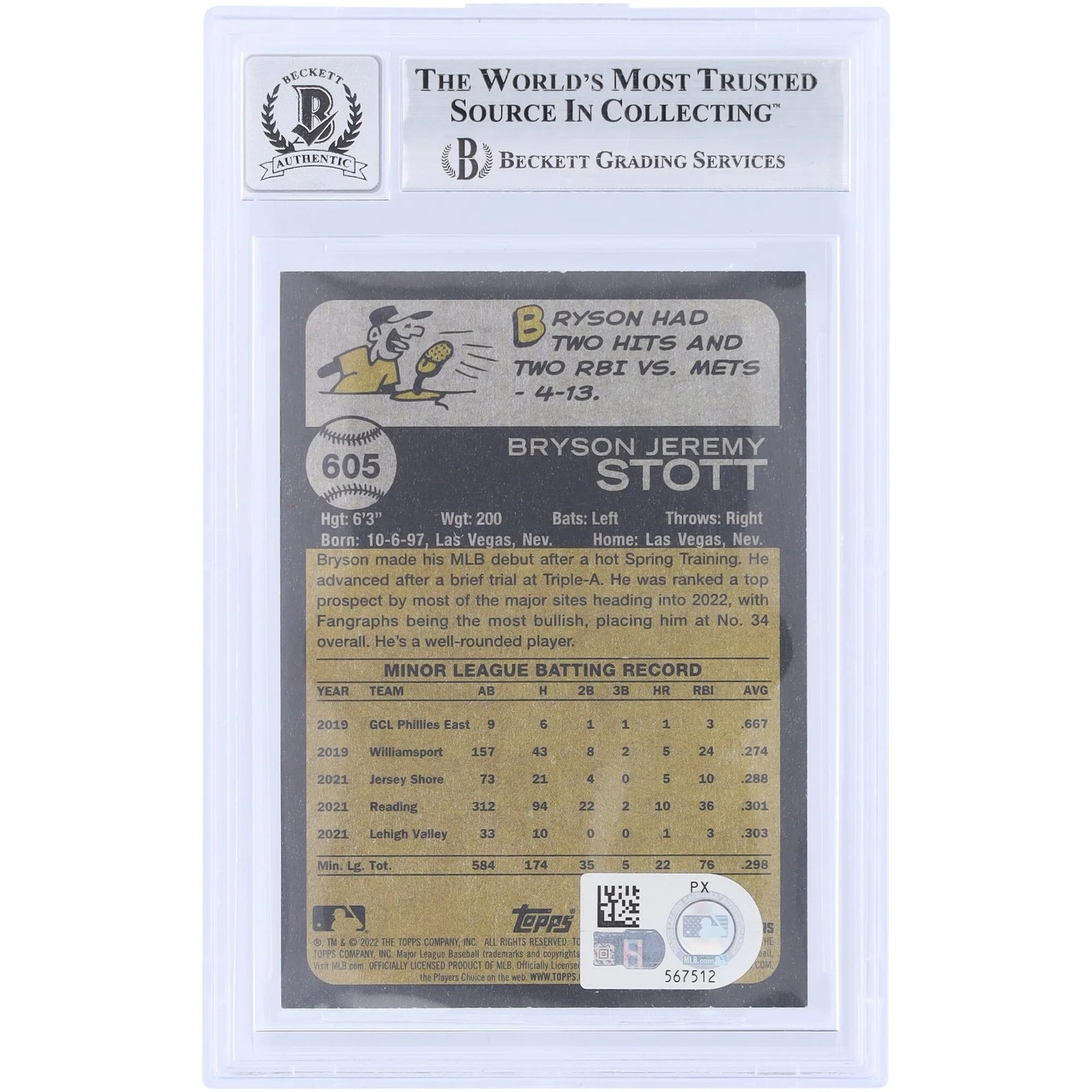 Bryson Stott Signed 2022 Topps Heritage #605 Rookie Card | Beckett 9