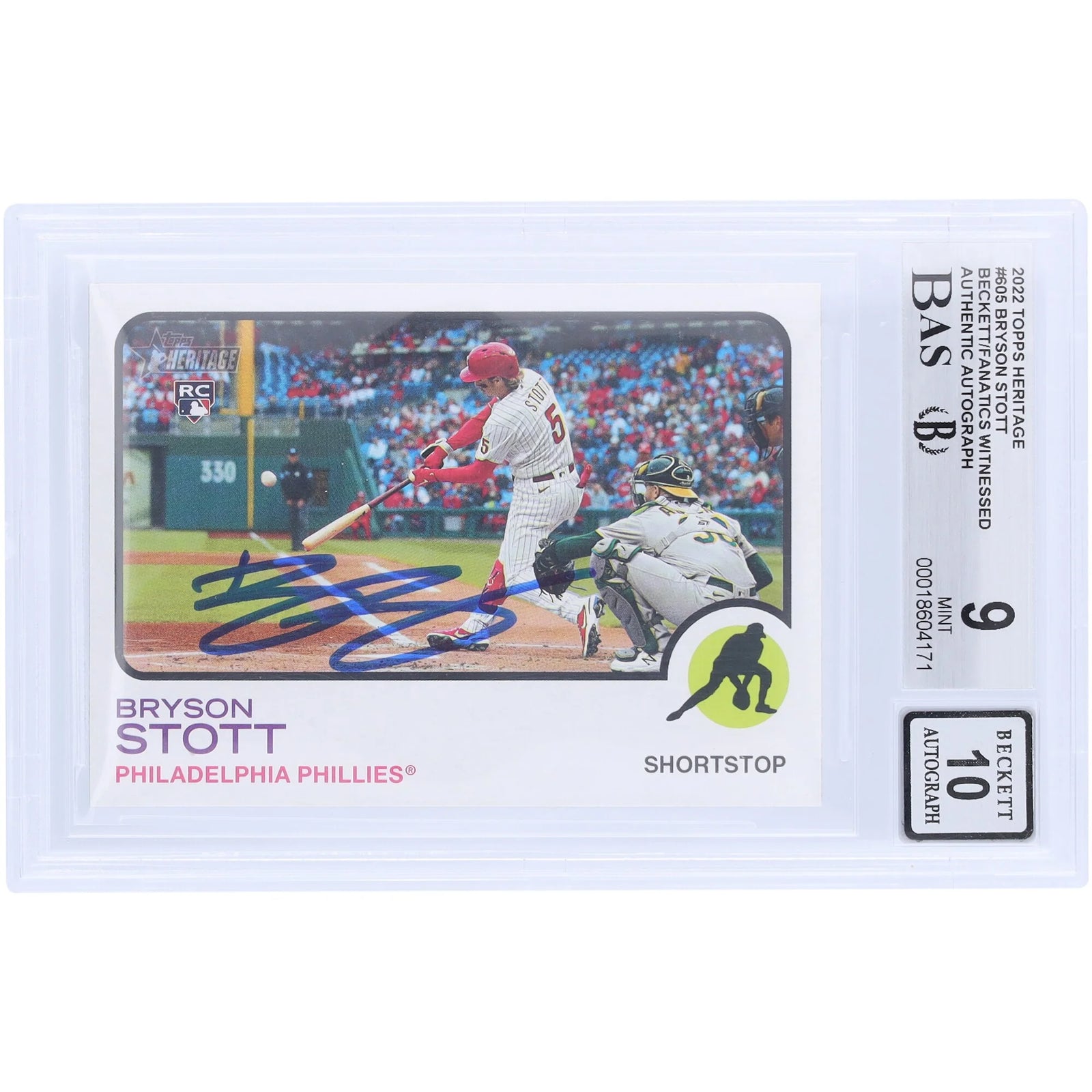 Bryson Stott Signed 2022 Topps Heritage #605 Rookie Card | Beckett 9