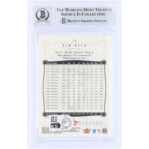 Jim Rice Signed 2004 Fleer Greats Blue Card #29 | Limited #/500