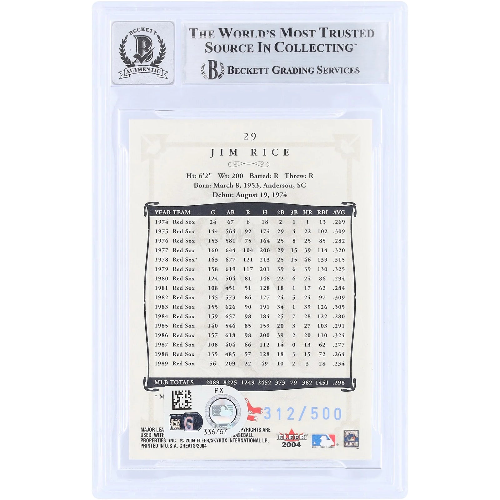 Jim Rice Signed 2004 Fleer Greats Blue Card #29 | Limited #/500