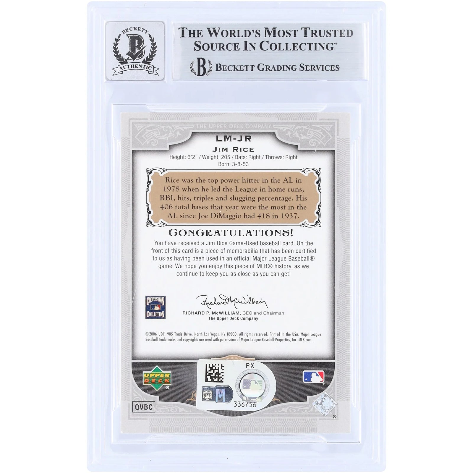Jim Rice Signed 2006 Upper Deck SP Legendary Cuts Card | Graded 10