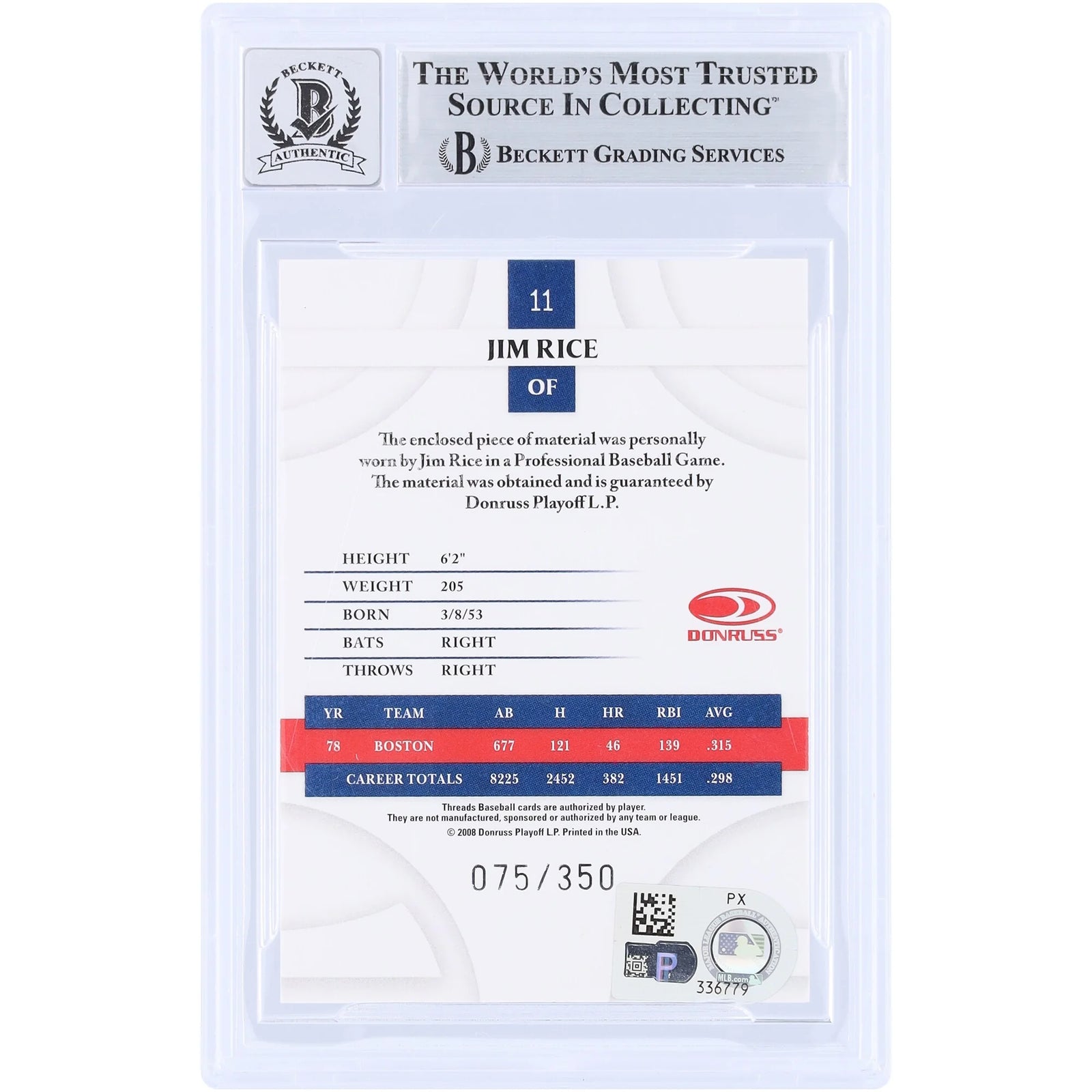 Jim Rice Signed 2008 Donruss Threads GU Relic Card #11 | Graded 10