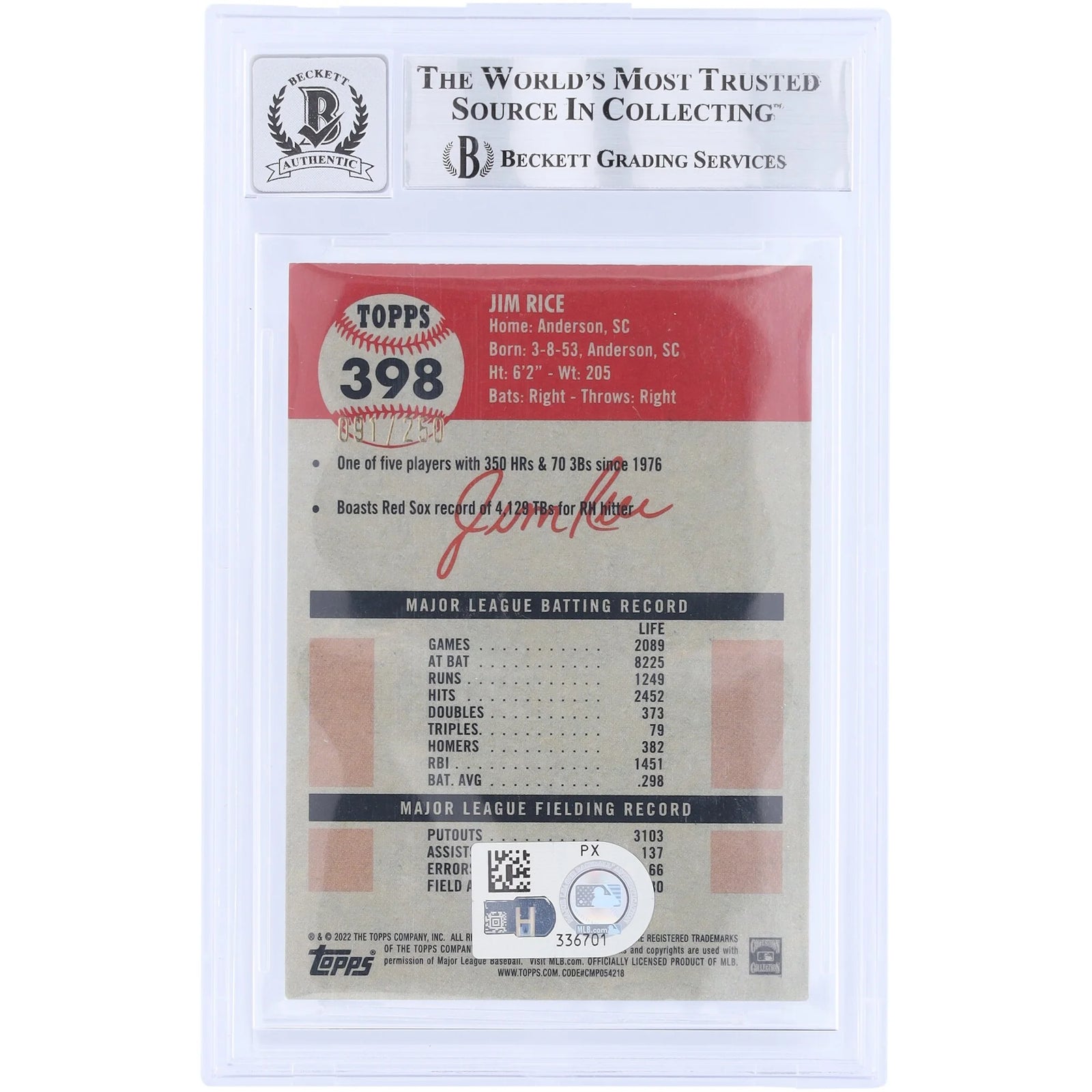 Jim Rice Signed 2022 Topps Chrome Platinum Anniversary Refractor #398/250 | Graded 9