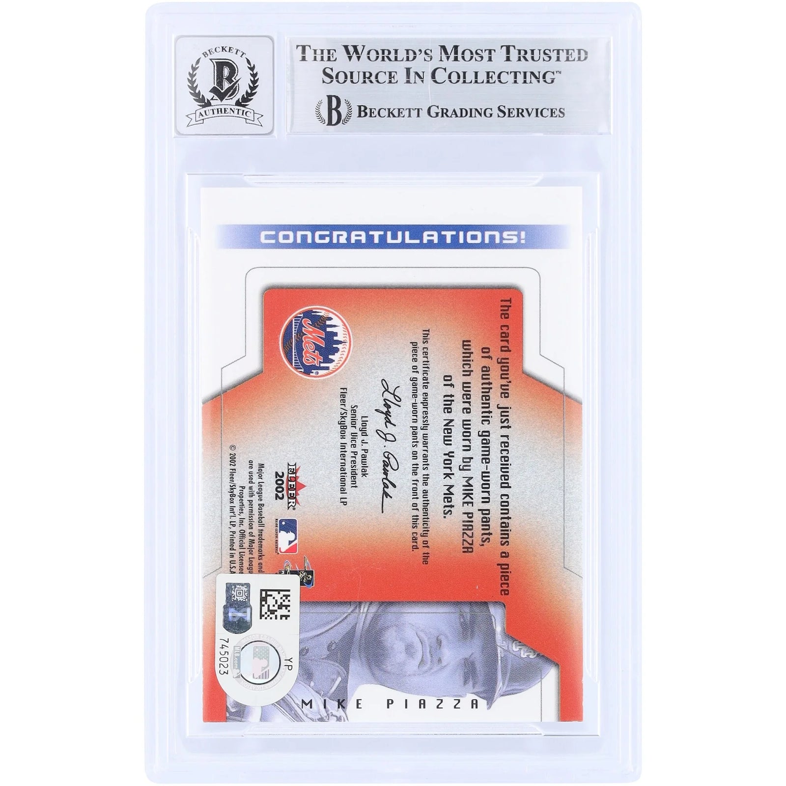 Mike Piazza Signed 2002 Upper Deck E-X Behind the Numbers Card | Graded 10