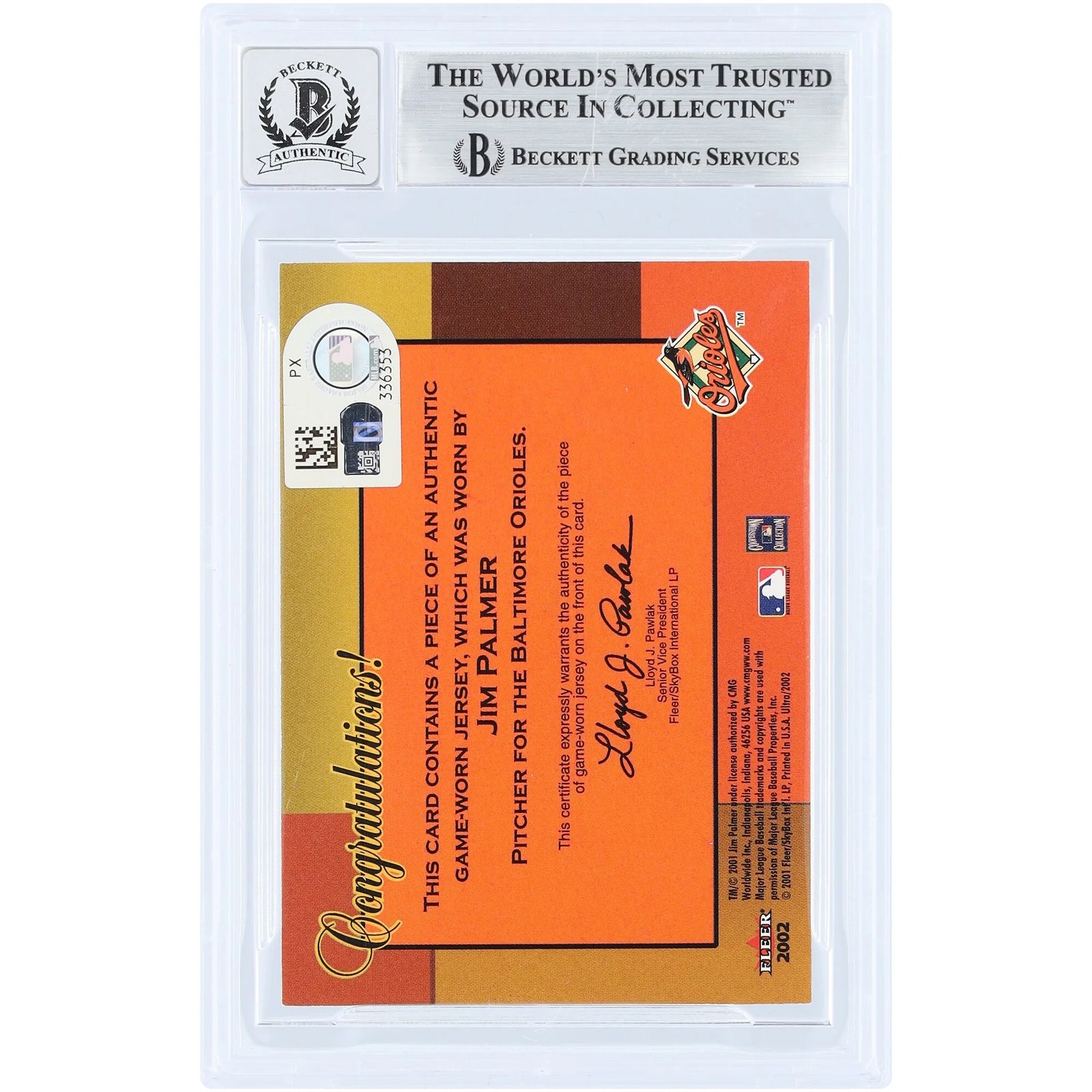 Jim Palmer Signed 2002 Fleer Ultra Fall Classic Relic Card | Grade 10