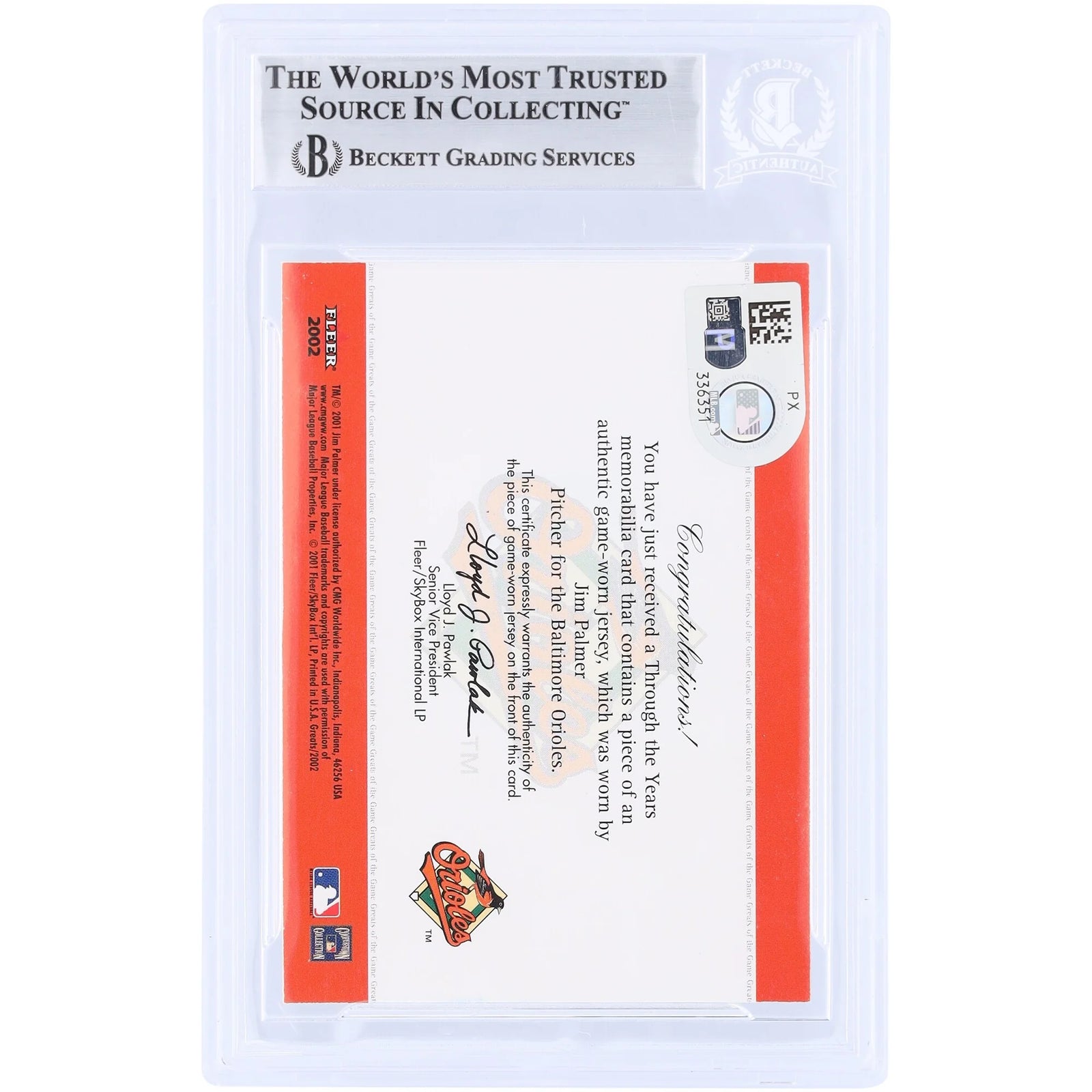 Jim Palmer Signed 2002 Fleer Greats Through the Years Card | Beckett Authenticated