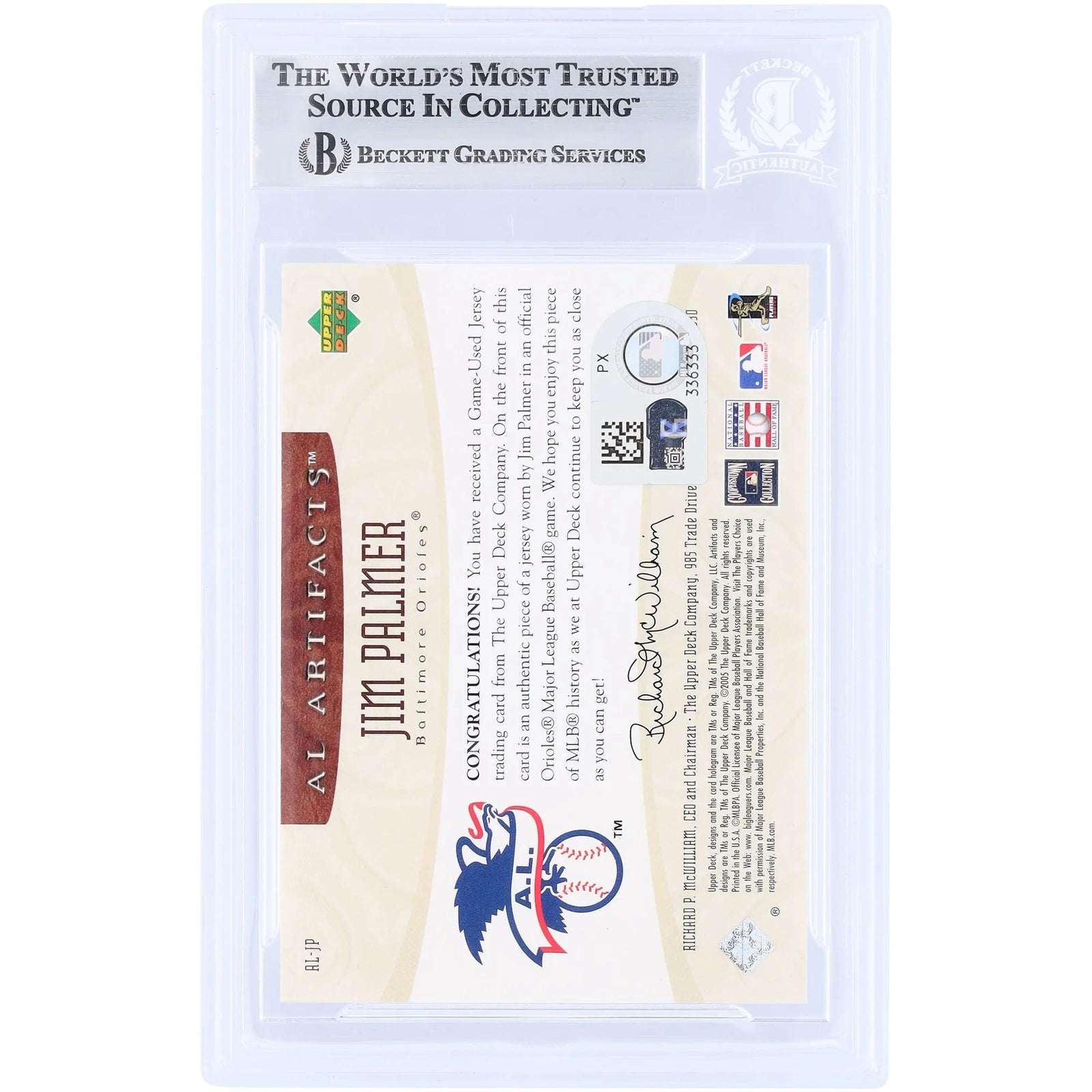 Jim Palmer Baltimore Orioles Autographed 2005 Upper Deck AL Artifacts GU Relic #AL-JP #/325 Beckett Fanatics Witnessed Authenticated Card - F2