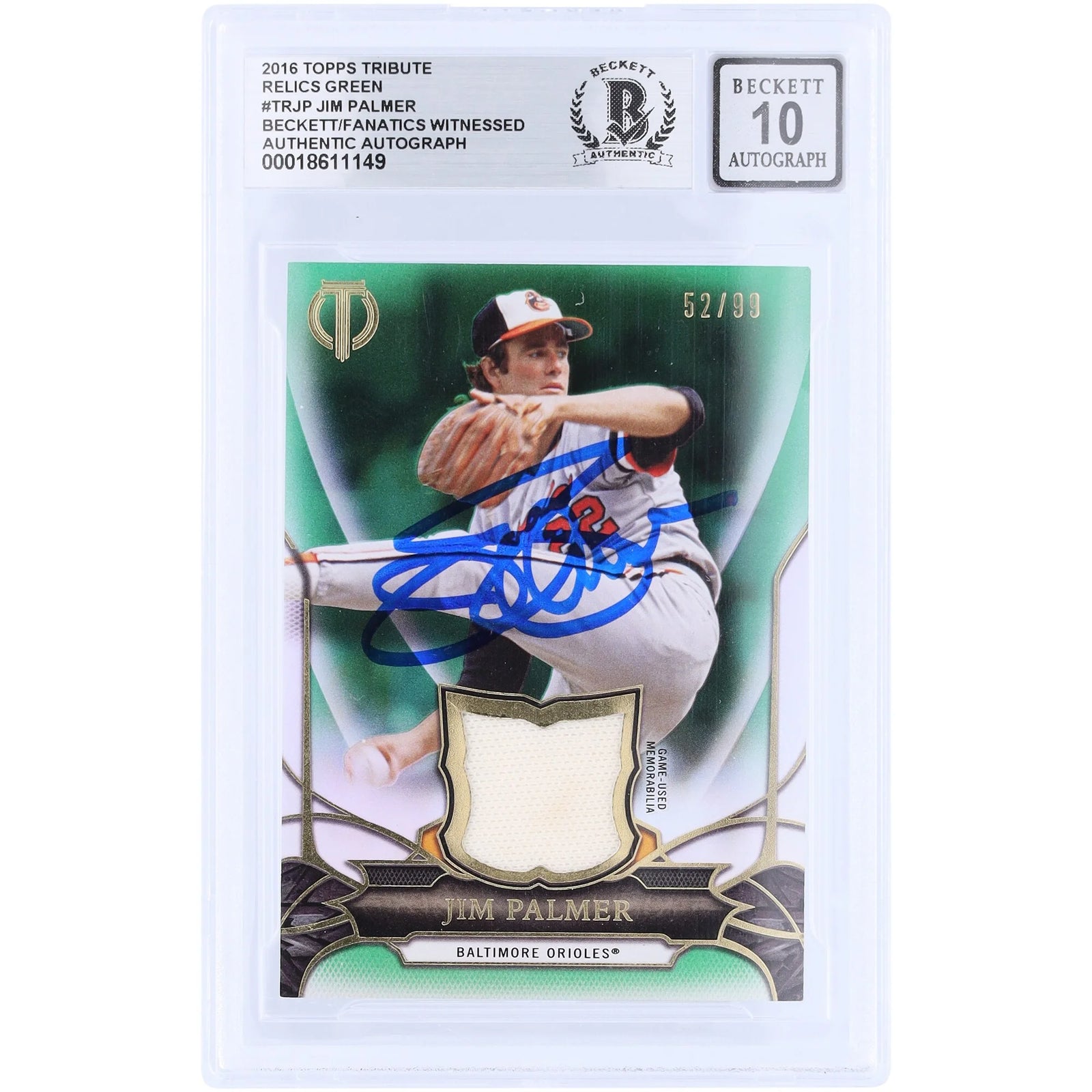 Jim Palmer Signed 2016 Topps Tribute Green Relic Card | Graded 10