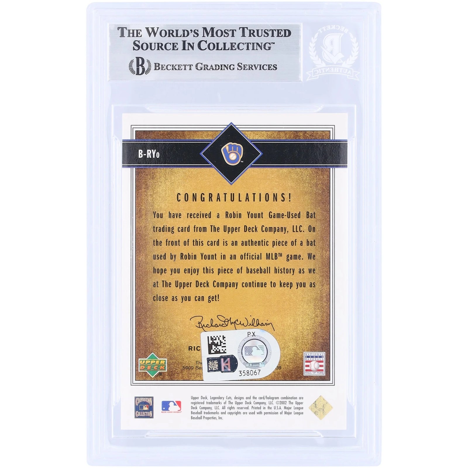 Robin Yount Milwaukee Brewers Autographed 2002 Upper Deck SP Legendary Cuts GU Relic #B-RYO Beckett Fanatics Witnessed Authenticated Card - F3