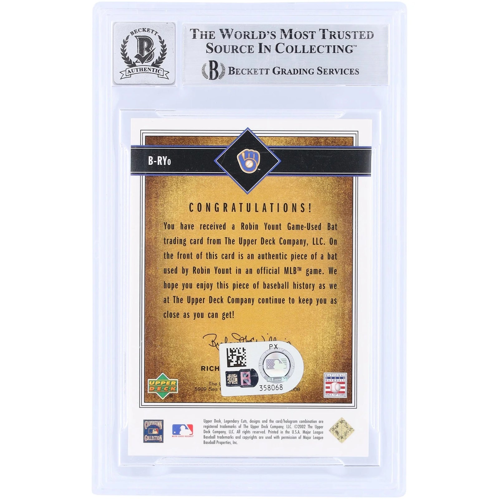 Robin Yount Signed 2002 Upper Deck SP Legendary Cuts Card | Beckett Graded 10