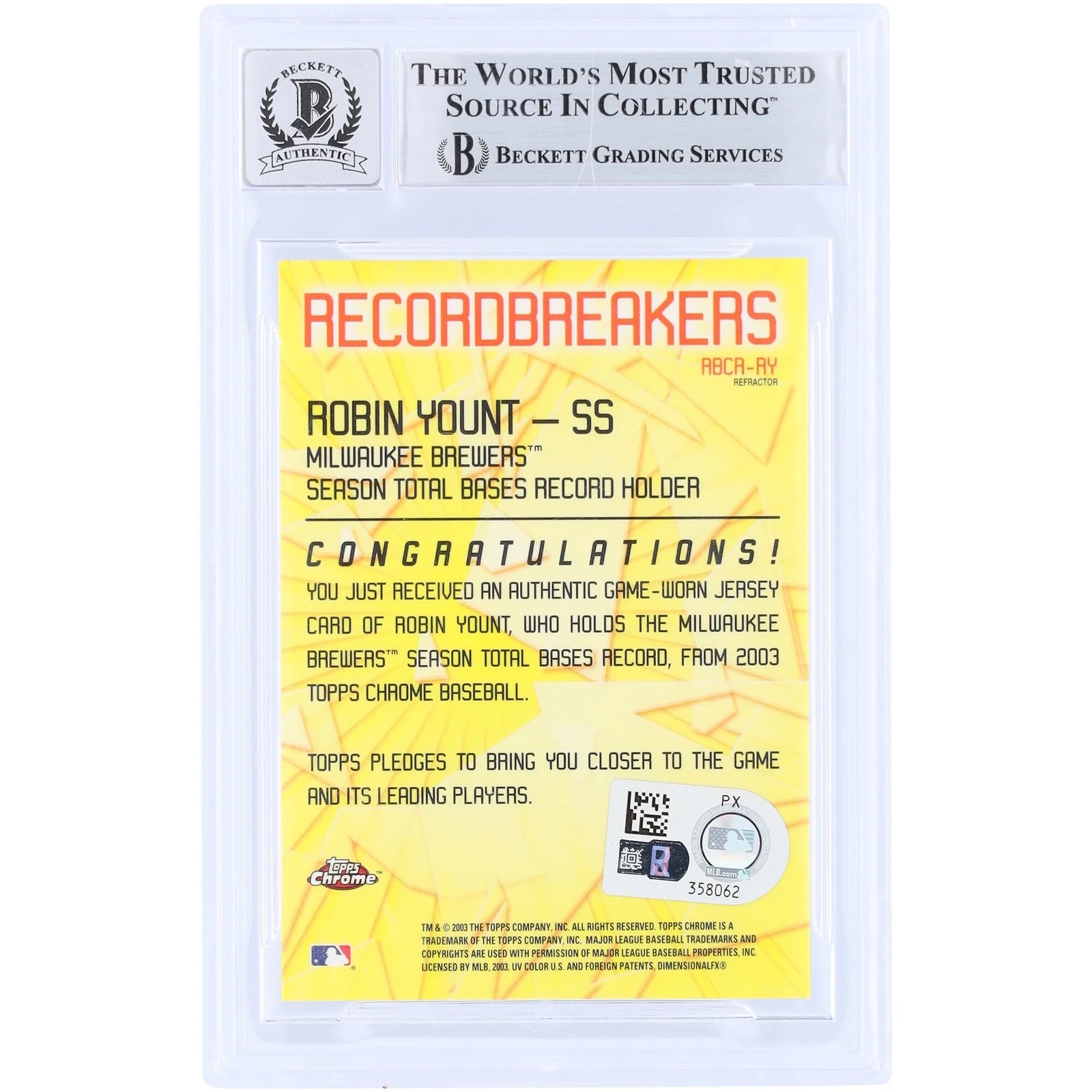 Robin Yount Signed 2003 Topps Chrome Record Breakers Refractor | Graded 10