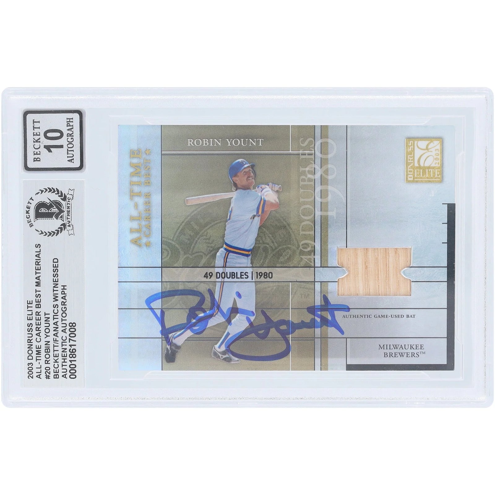 Robin Yount Signed 2003 Donruss Elite All-Time Career Best Relic #AT-20 | Beckett 10