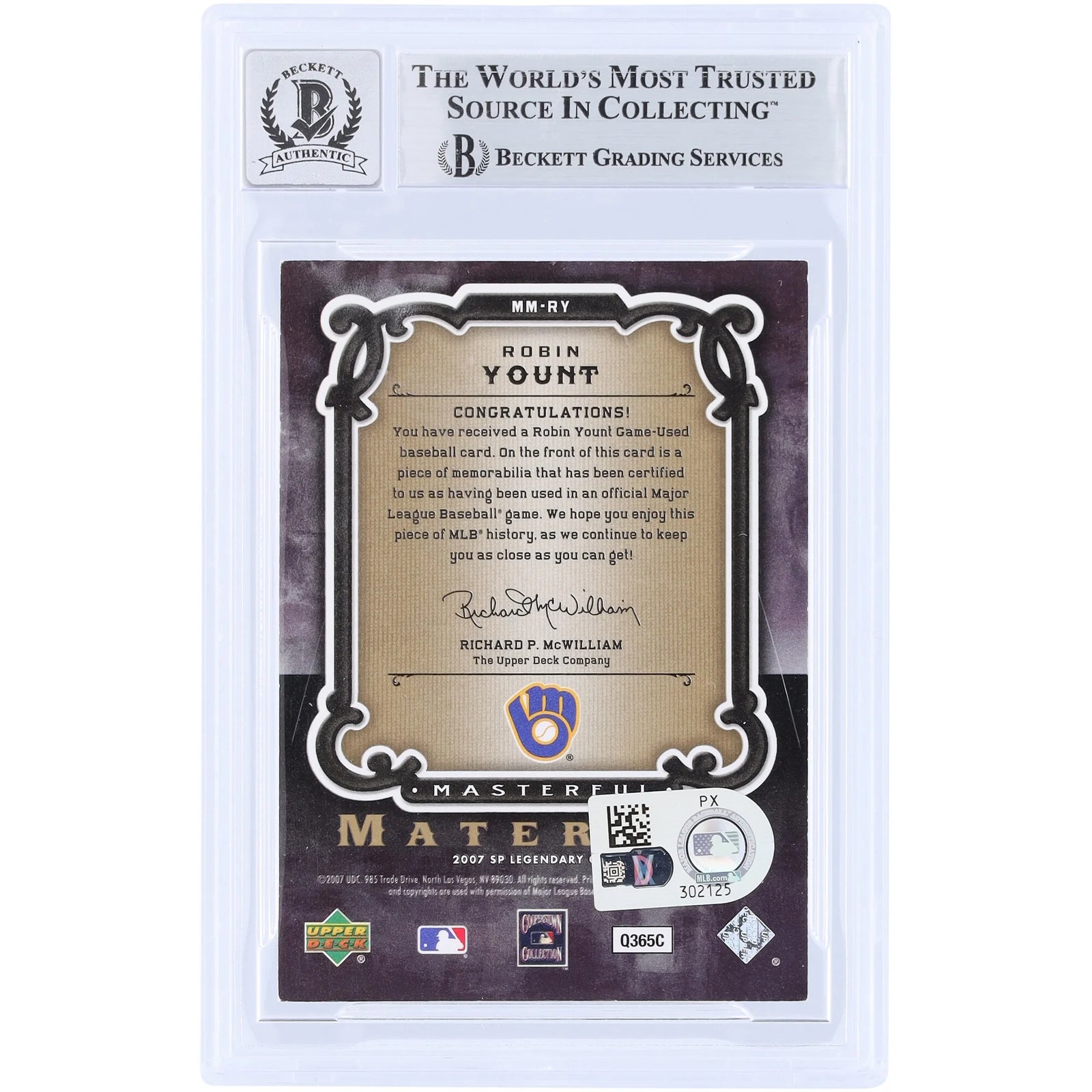 Robin Yount Signed 2007 Upper Deck SP Legendary Cuts Card | Graded 10