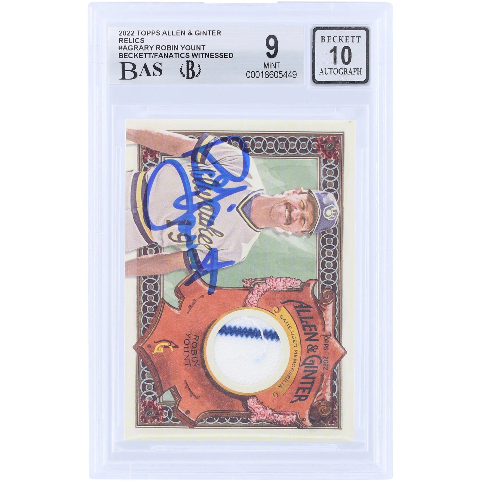 Robin Yount Signed 2022 Topps Allen & Ginter Relic Card | Beckett 9