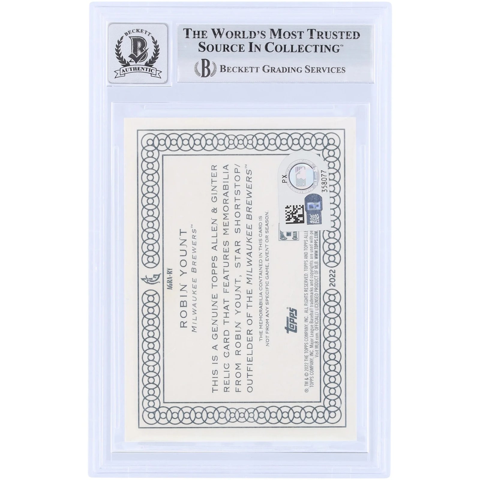 Robin Yount Signed 2022 Topps Allen & Ginter Relic Card | Beckett 9