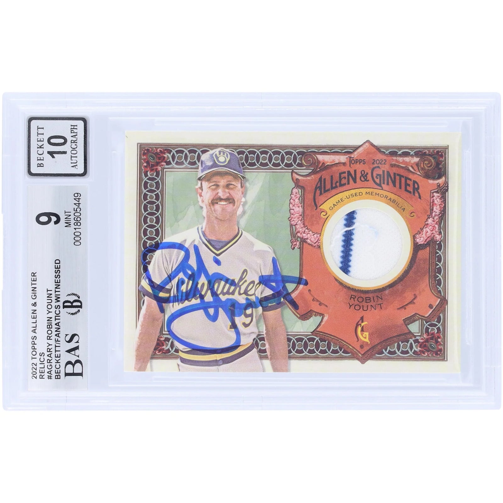 Robin Yount Signed 2022 Topps Allen & Ginter Relic Card | Beckett 9