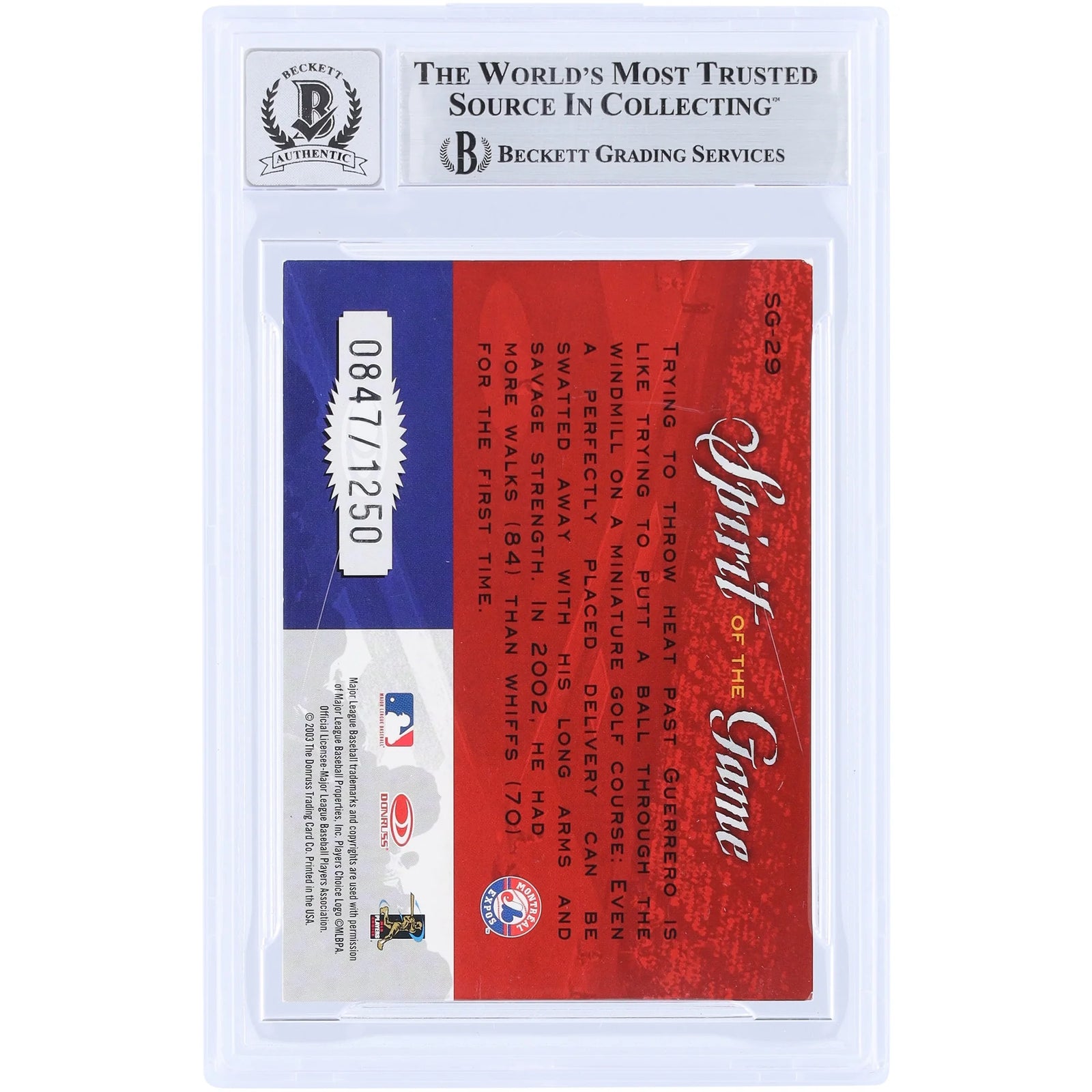 Vladimir Guerrero Signed 2003 Donruss Studio Spirit of the Game Card | Montreal Expos